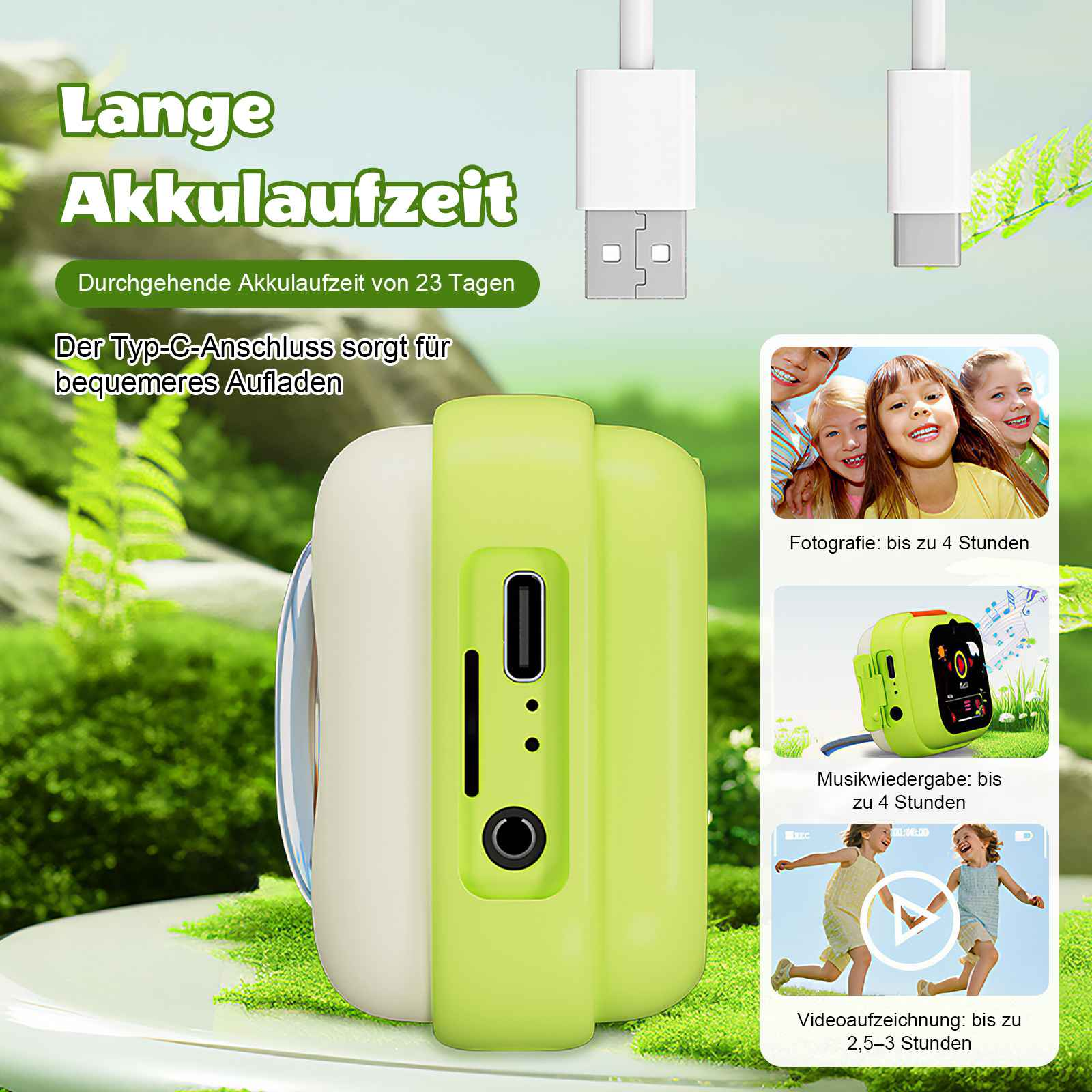 Ein grünes Kinderspielzeug mit USB-C-Ladekabel und Bildern von Kindern.