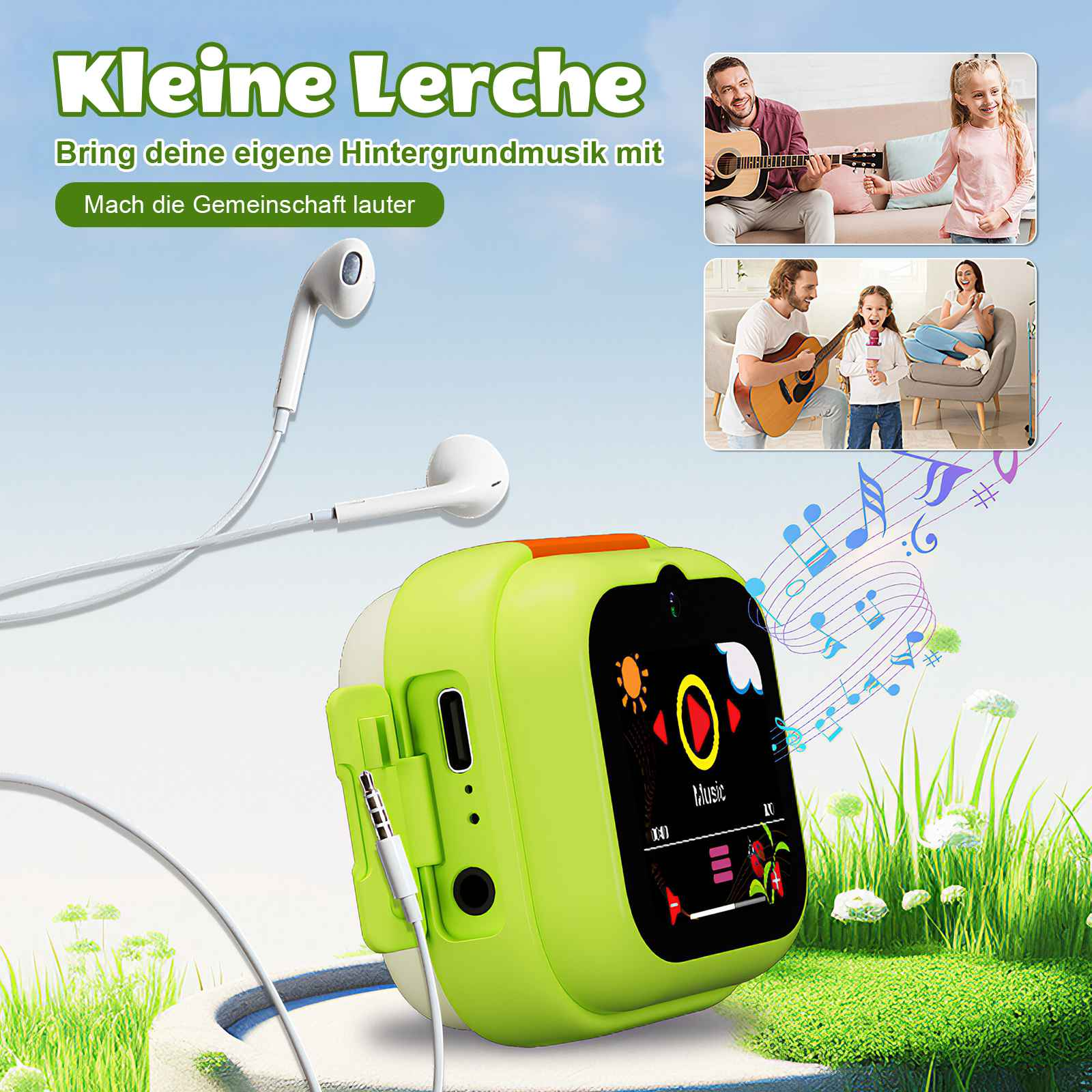 Grüne Smartwatch mit Kopfhörern, Musiknoten und Familienbildern.
