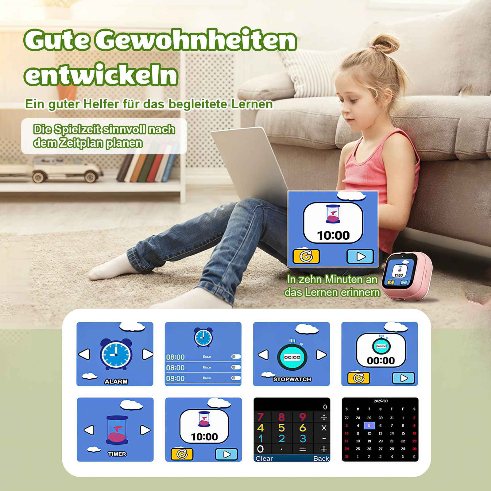 Ein Mädchen sitzt mit einem Laptop und einer Smartwatch. Die Benutzeroberfläche zeigt verschiedene Uhrfunktionen.