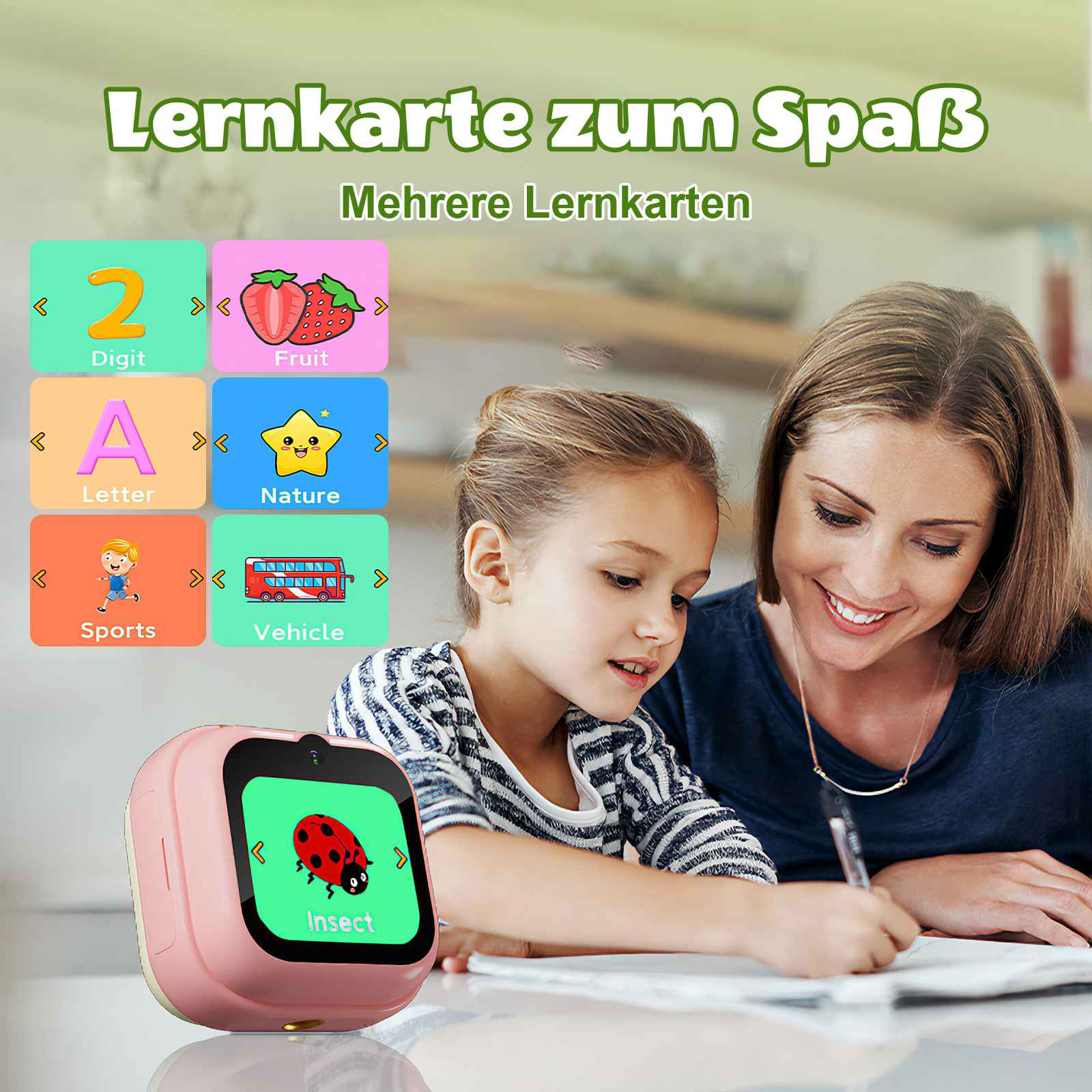 Lernkarte mit Frau und Kind, die auf einen rosafarbenen Spielzeug-Smartwatch schauen.