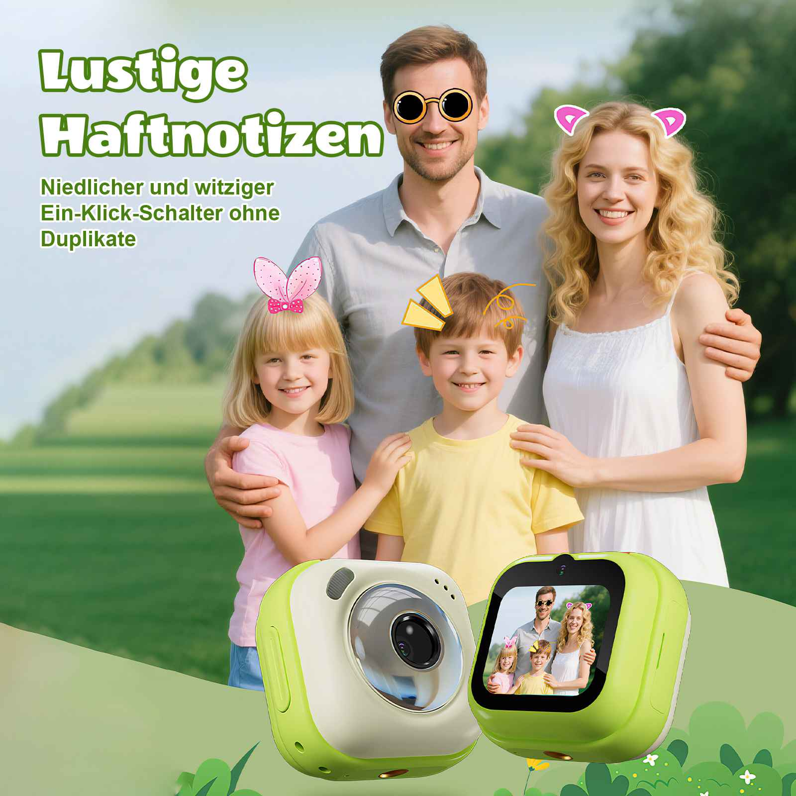 Familie im Park mit Spielzeugkameras, die lustige Aufkleber haben.