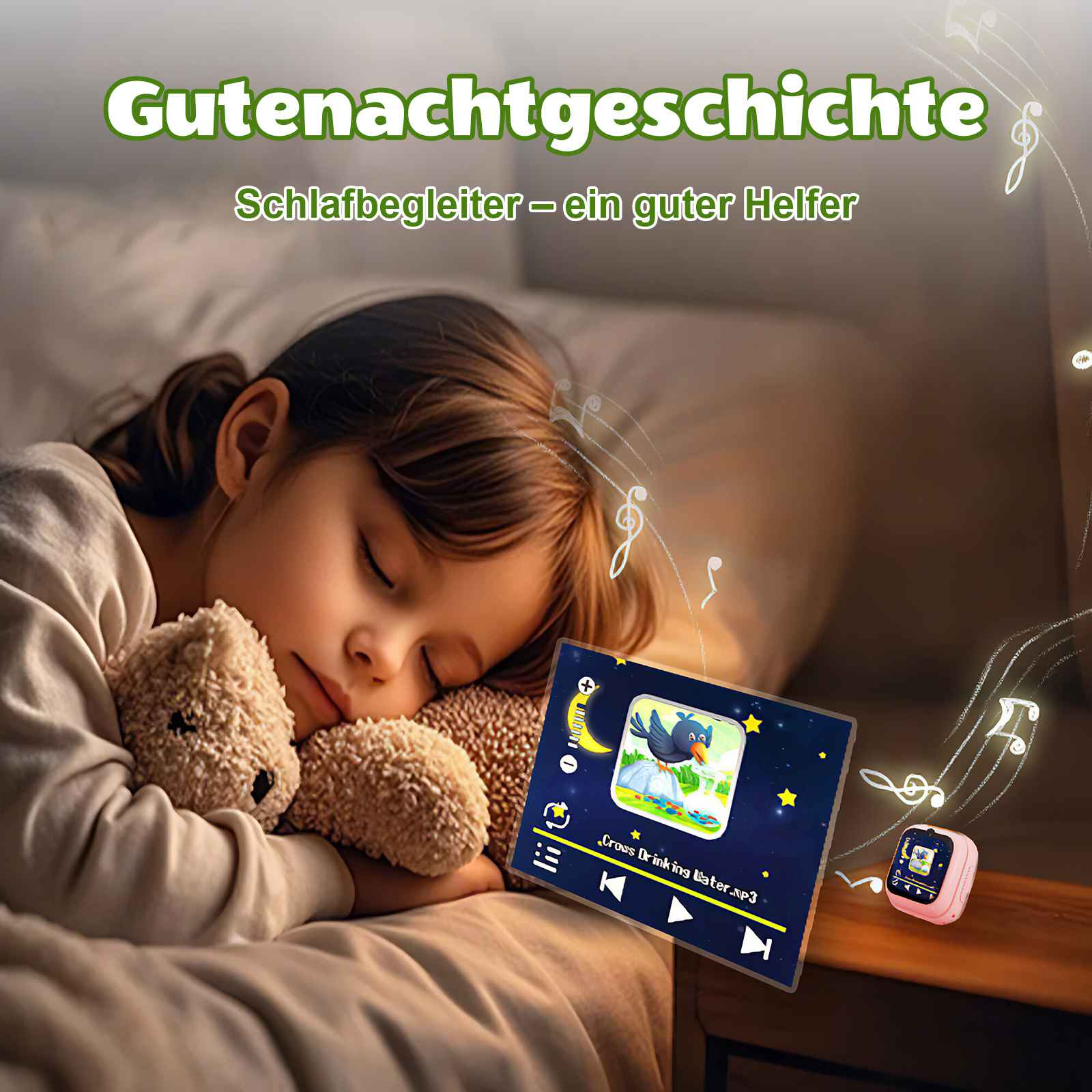 Ein Mädchen schläft mit einem Teddybär, ein Musikplayer spielt eine Geschichte.