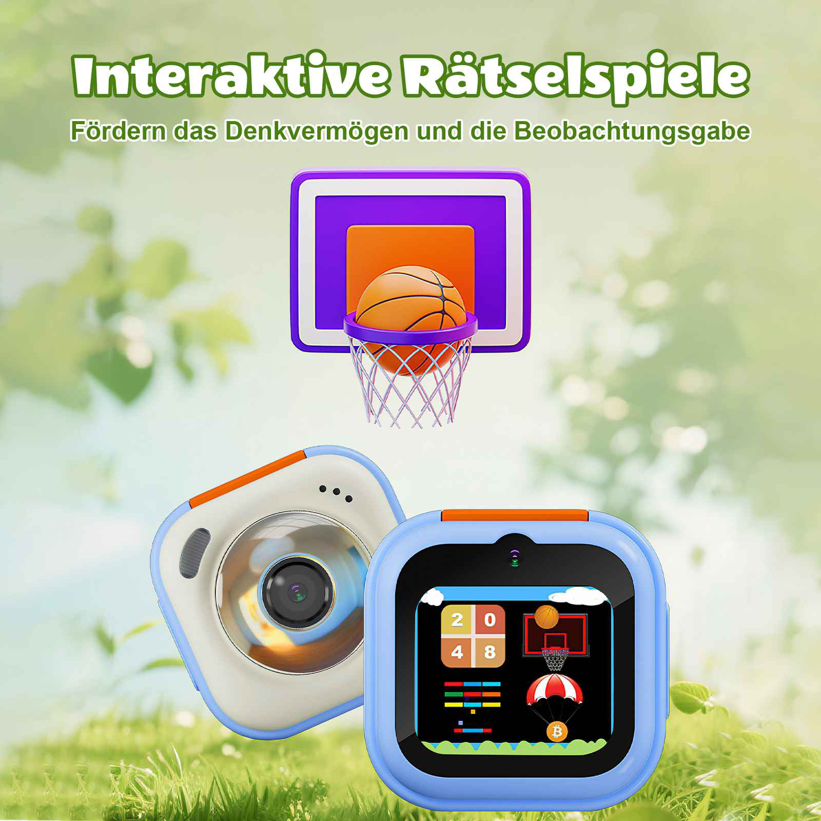 Kinderkamera und Smartwatch mit Basketballkorb-Motiv. Draußen, Gras.