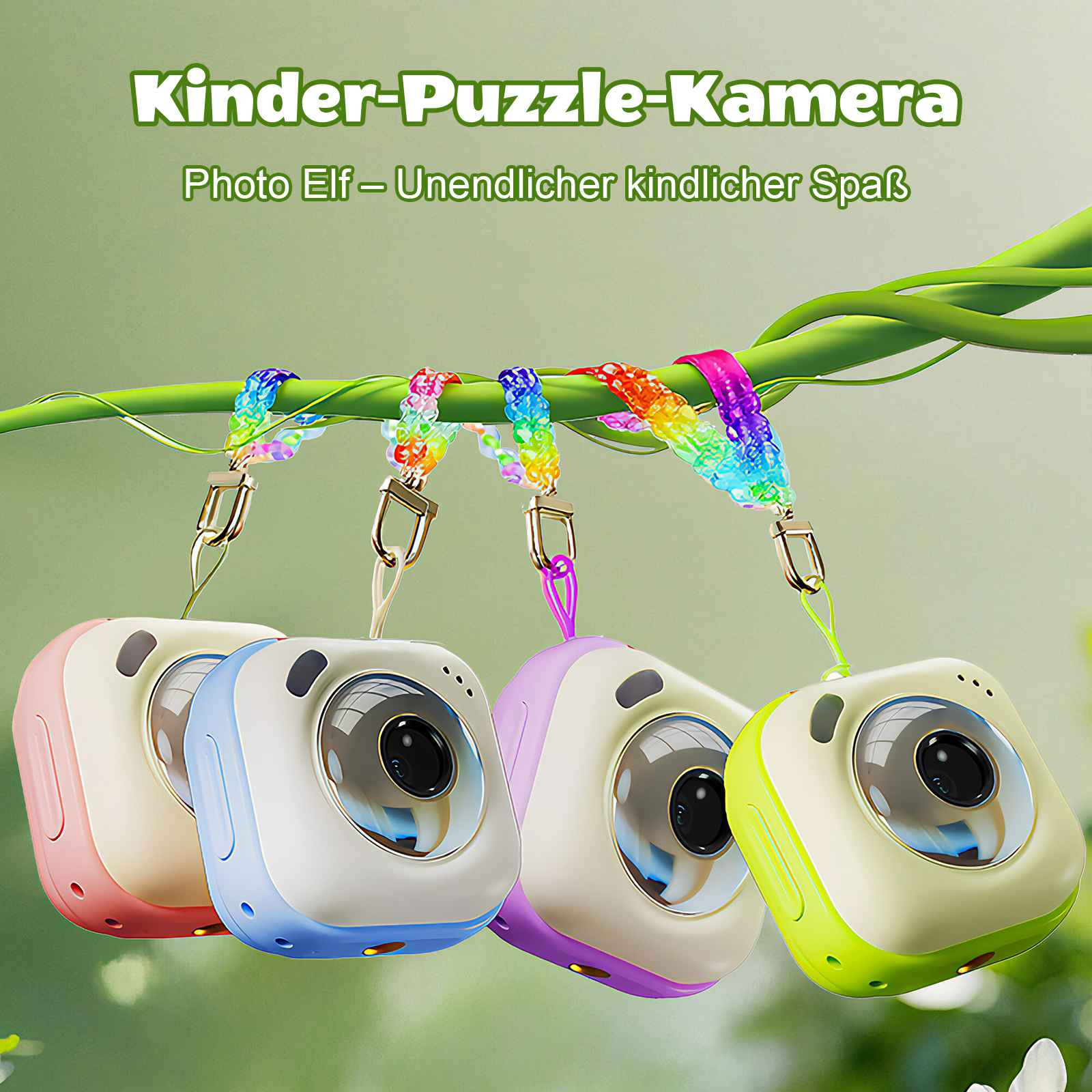 Vier bunte Kinderkameras hängen an einer grünen Ranke mit bunten Lanyards.