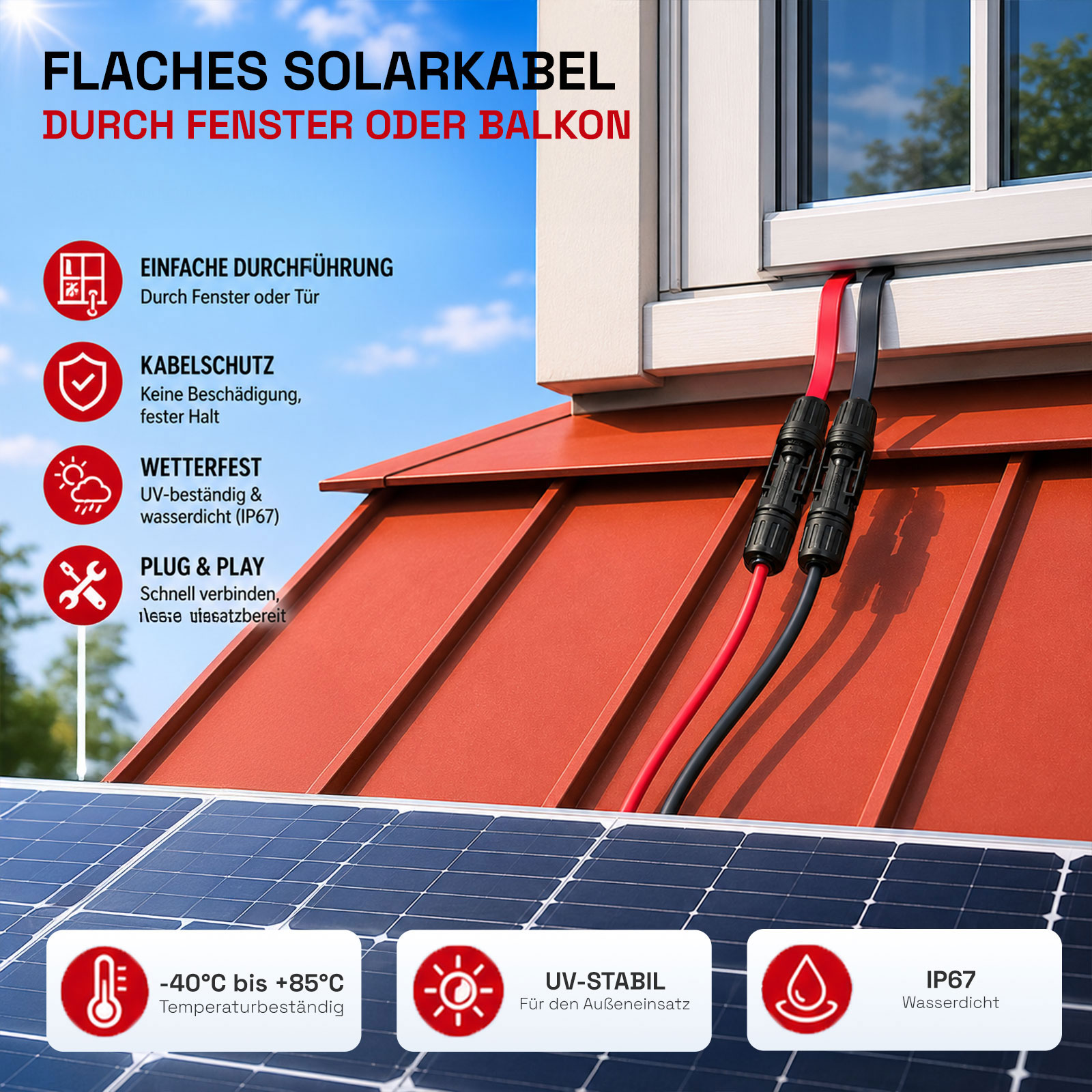 Flaches Solarkabel für Fenster/Balkon, wetterfest, UV-stabil, IP67.