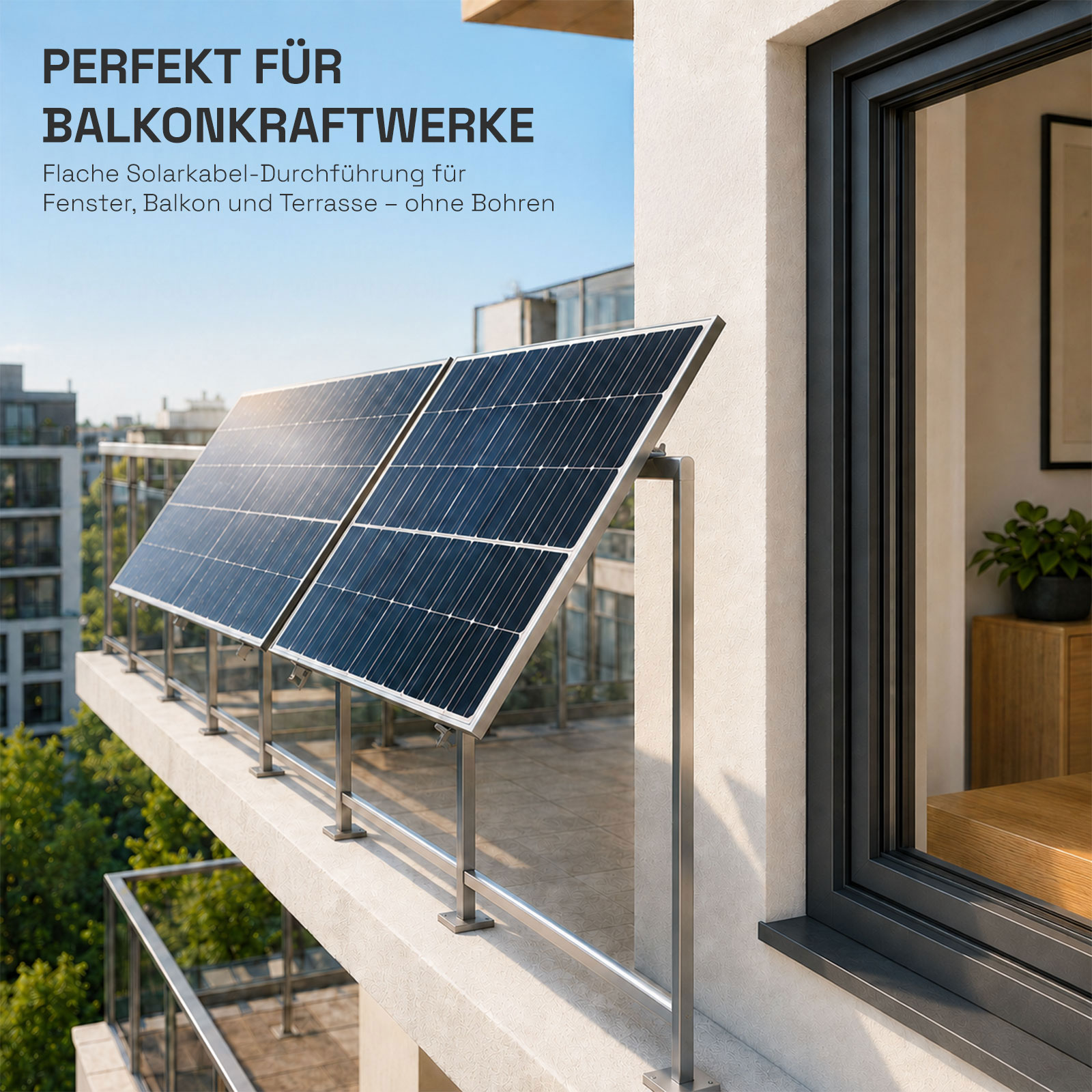Zwei Solarmodule auf einem Balkon mit Blick auf Gebäude und Bäume.