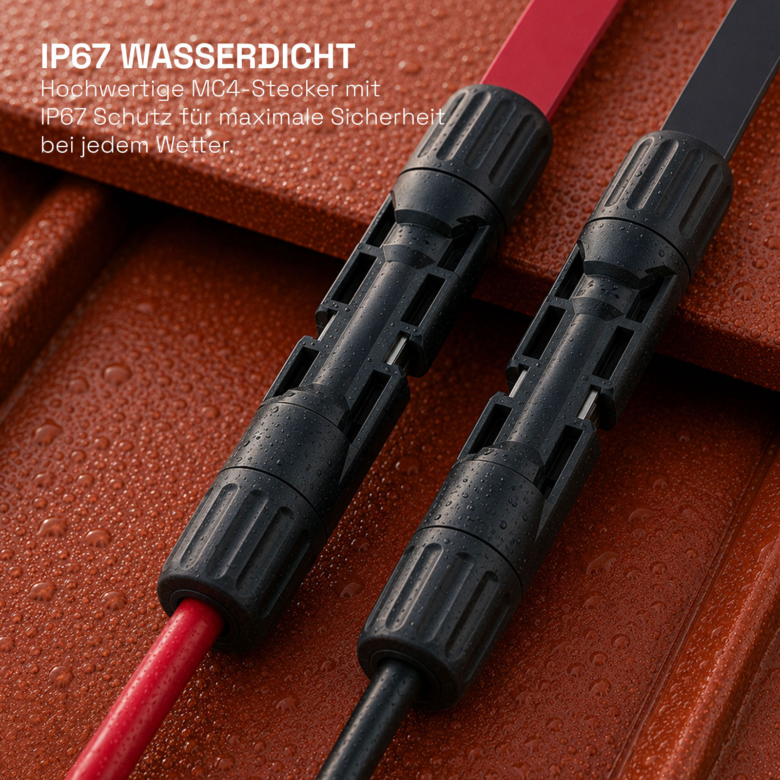Zwei MC4-Stecker mit roten und schwarzen Kabeln auf nassem Untergrund.