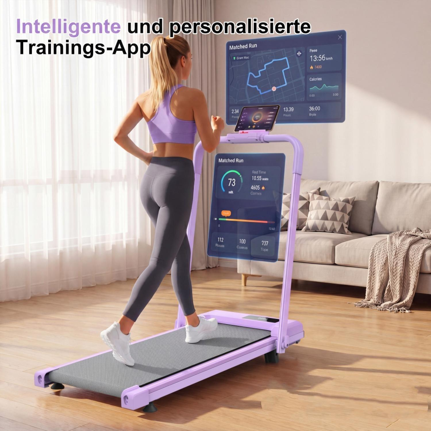 Eine Frau läuft auf einem Laufband, das mit einem interaktiven Bildschirm ausgestattet ist.
