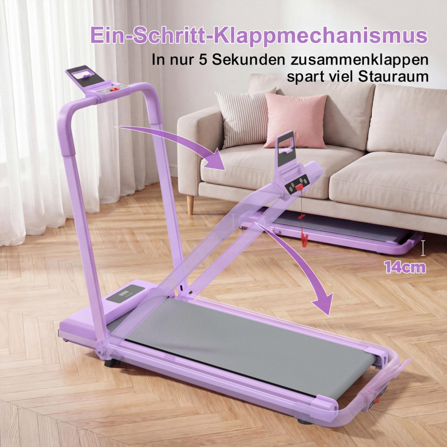 Lila Laufband klappt ein. Zeigt 14 cm Höhe im zusammengeklappten Zustand.