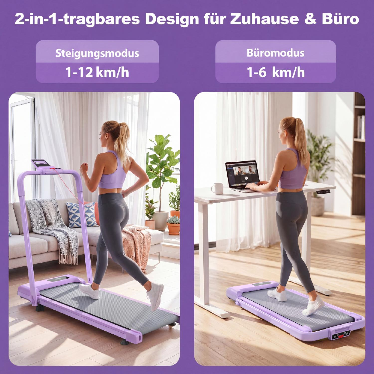 Frau auf Laufband: laufen (1-12 km/h) vs. gehen (1-6 km/h) am Schreibtisch.