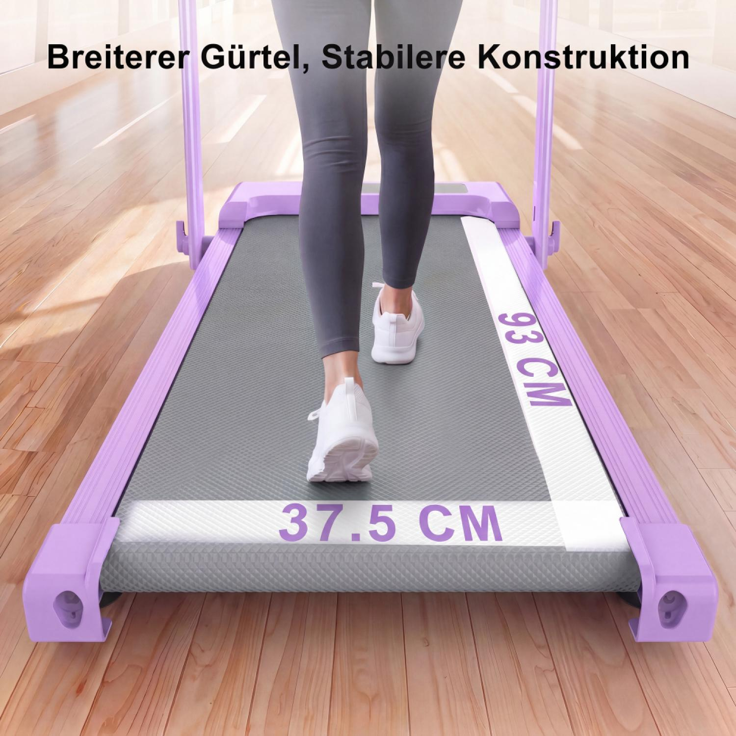 Person auf einem lila Laufband mit breitem Gürtel und stabiler Konstruktion.