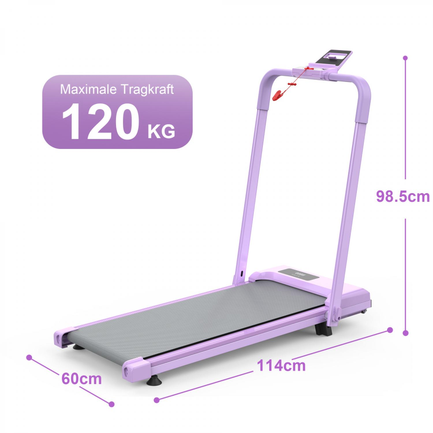 Ein lila Laufband mit maximaler Tragkraft von 120 kg.