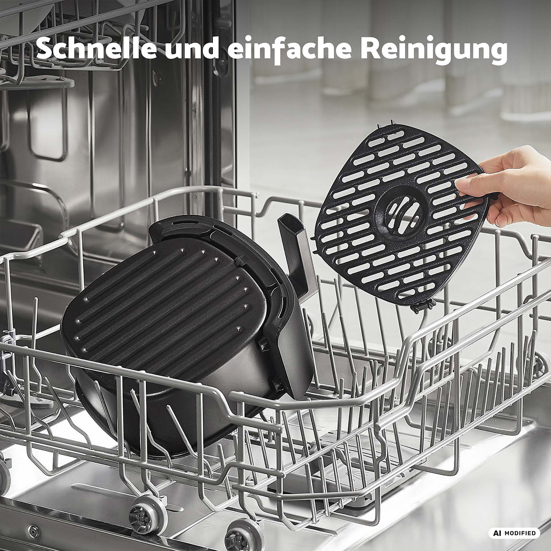 Ein Airfryer-Korb und ein Rost in einem Geschirrspüler.