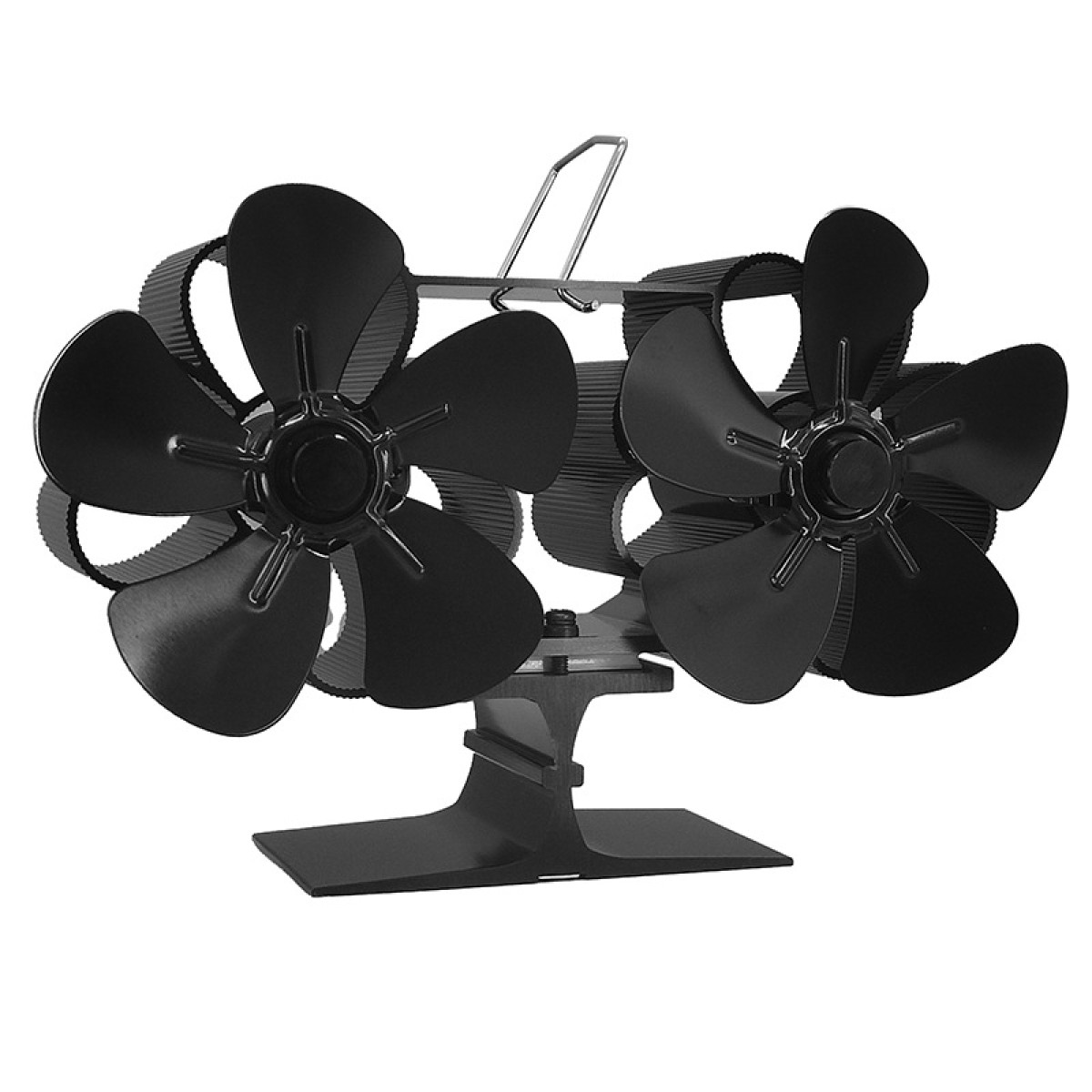 Ventilatore nero a doppia testa per stufa con cinque pale per testa.
