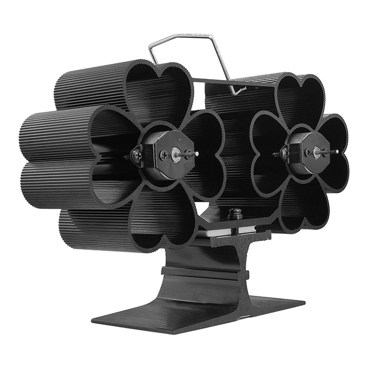 Ventilatore nero in alluminio con pale a forma di cuore e due motori su base.