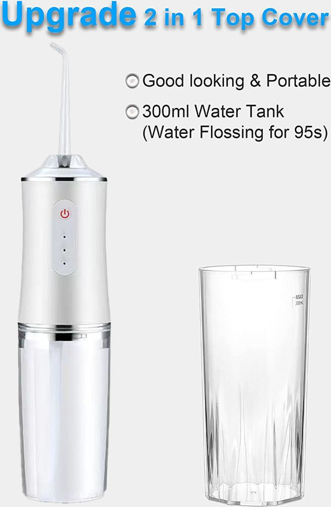 Ein weißer Wasserflosser mit transparentem Tank neben einem leeren Glas.