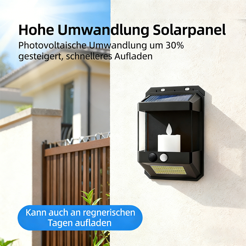 Solarleuchte mit Kerzen-Optik und Solarpanel an einer Wand montiert.