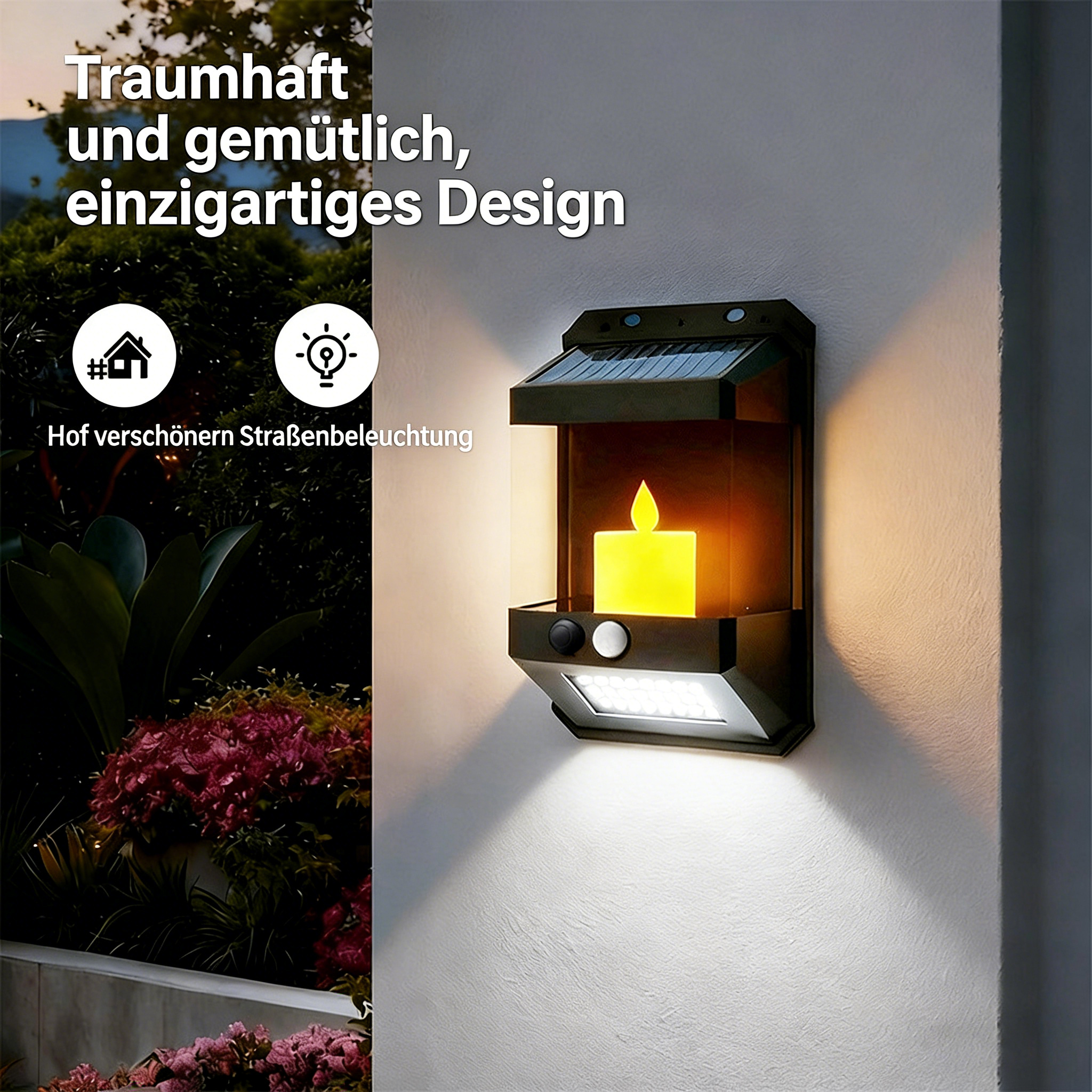 Eine Solar-Wandleuchte mit Kerzen-Optik beleuchtet eine Wand im Dunkeln.