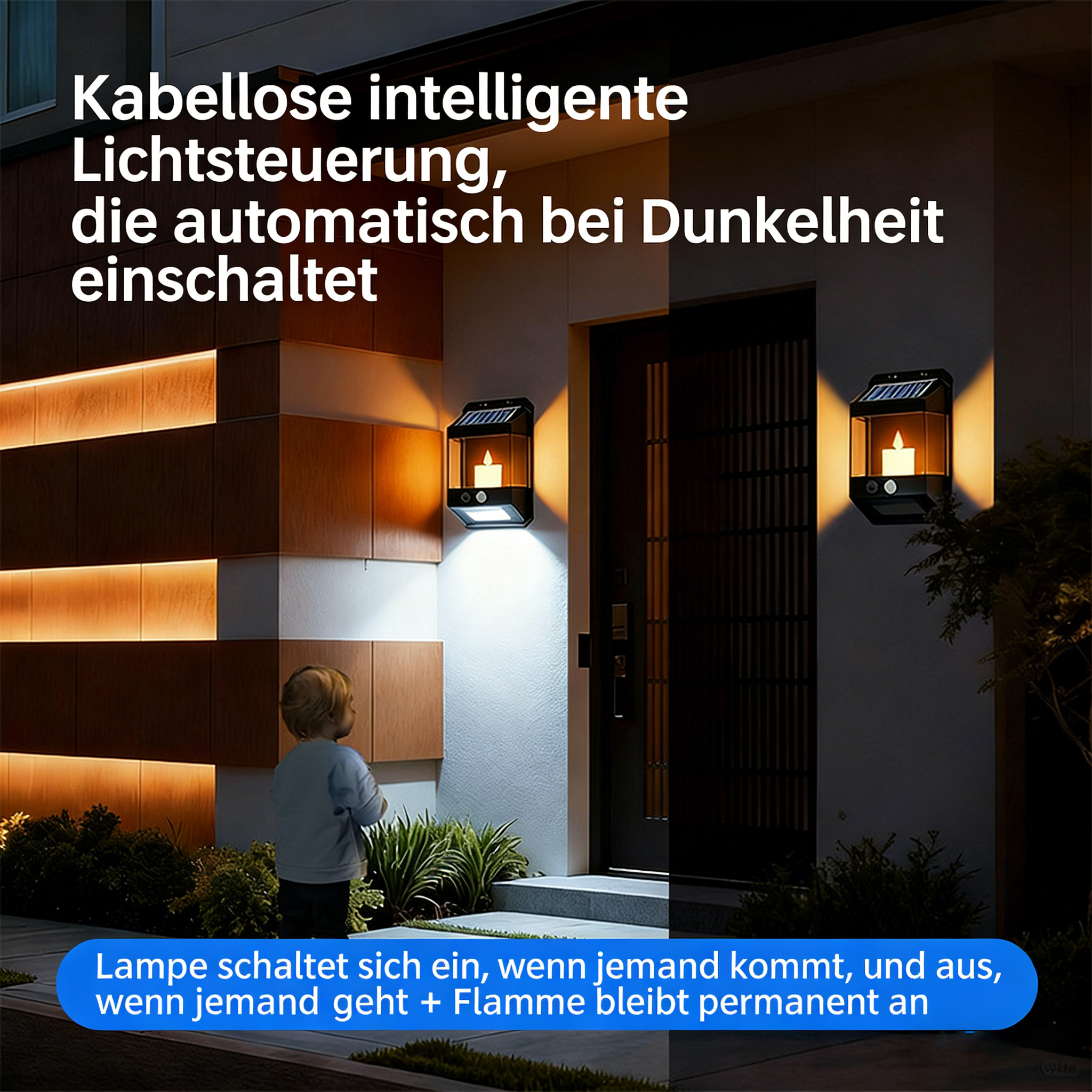 Ein Kind steht vor einem Haus mit zwei Wandleuchten, die Flammenlicht simulieren.