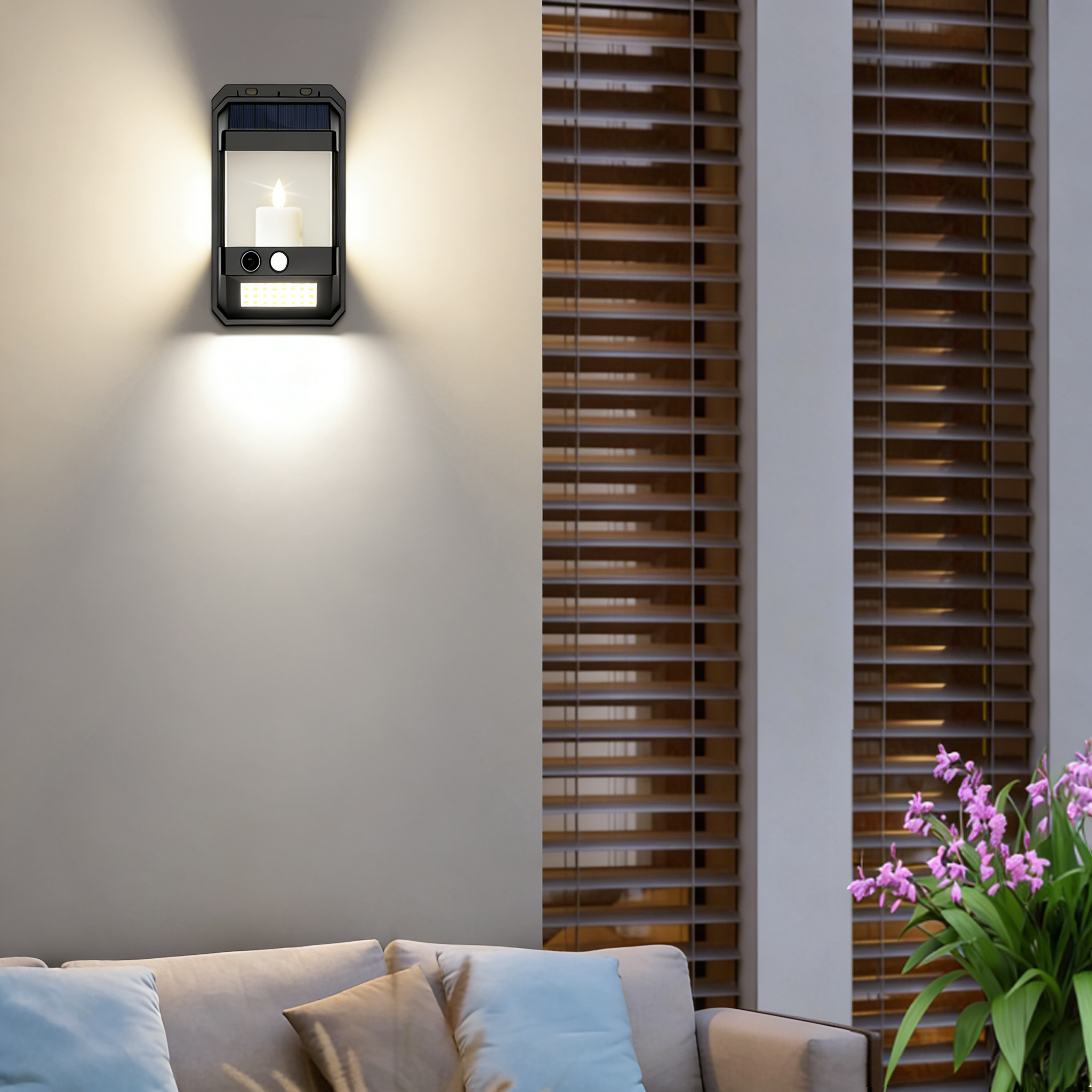 Eine Solarwandleuchte mit Kerzenmotiv leuchtet auf einer Wand über einem Sofa.