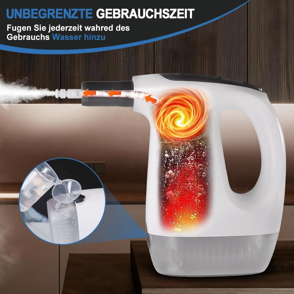 Ein Dampfreiniger mit einem inneren Heizmechanismus und Sprühdampf. Wasser wird eingefüllt.