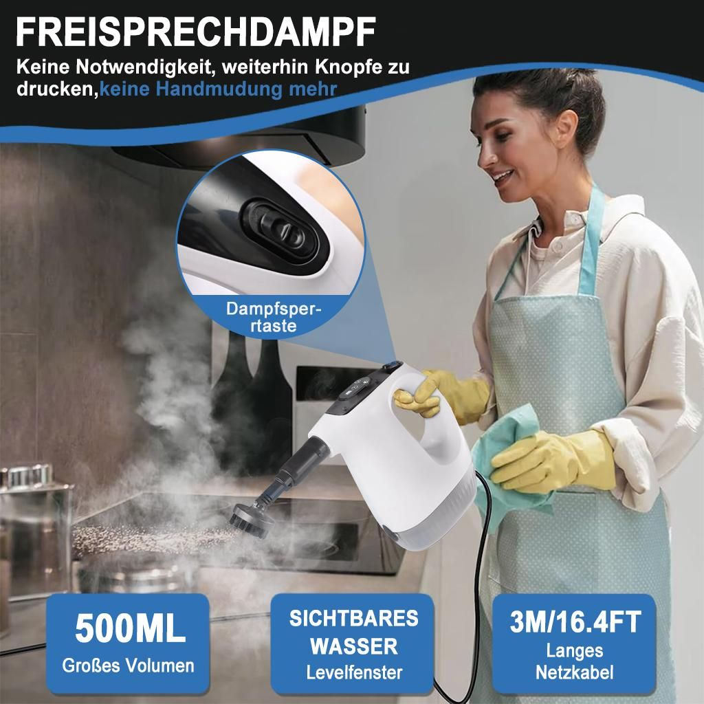 Frau reinigt Küche mit Dampfreiniger. Links: 500ml Volumen, Mitte: Sichtfenster, Rechts: 3m Kabel.