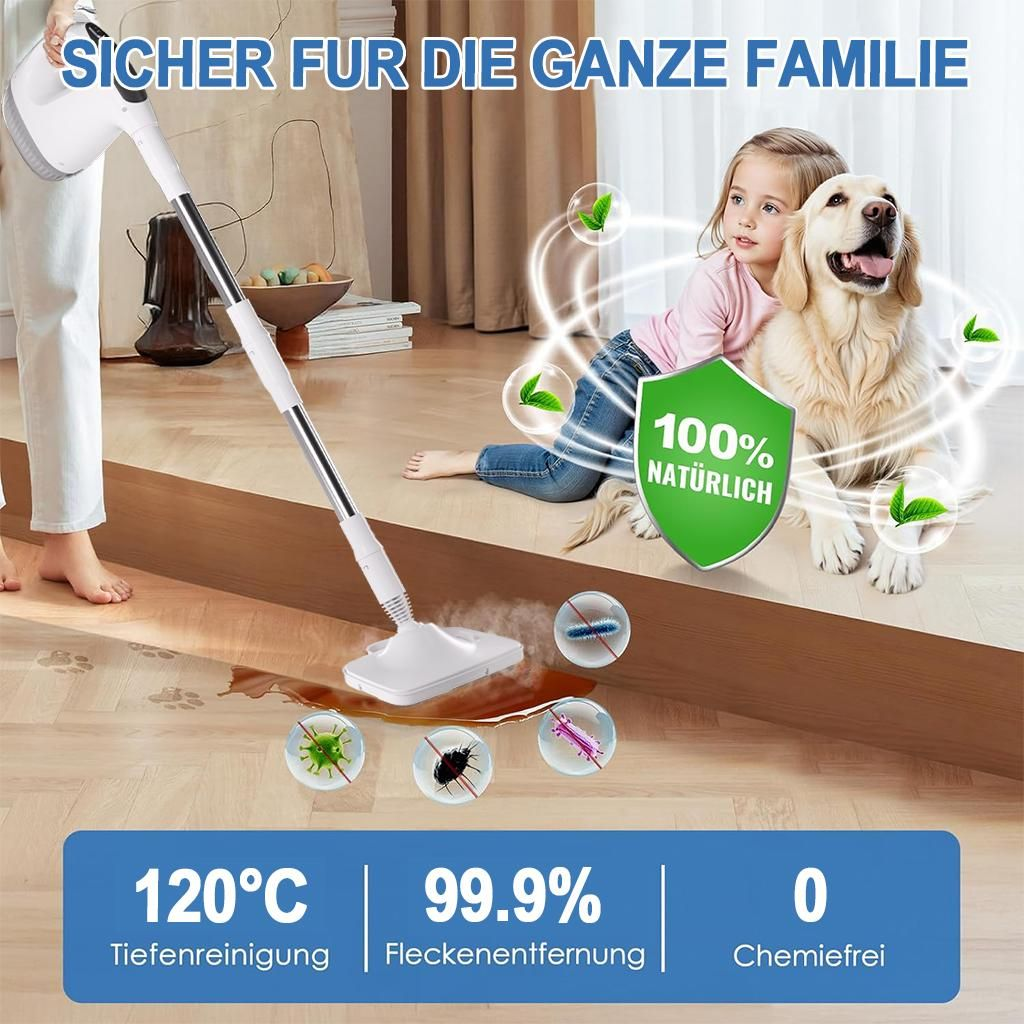 Dampfreiniger reinigt Boden. Kind & Hund daneben. 100% natürlich.