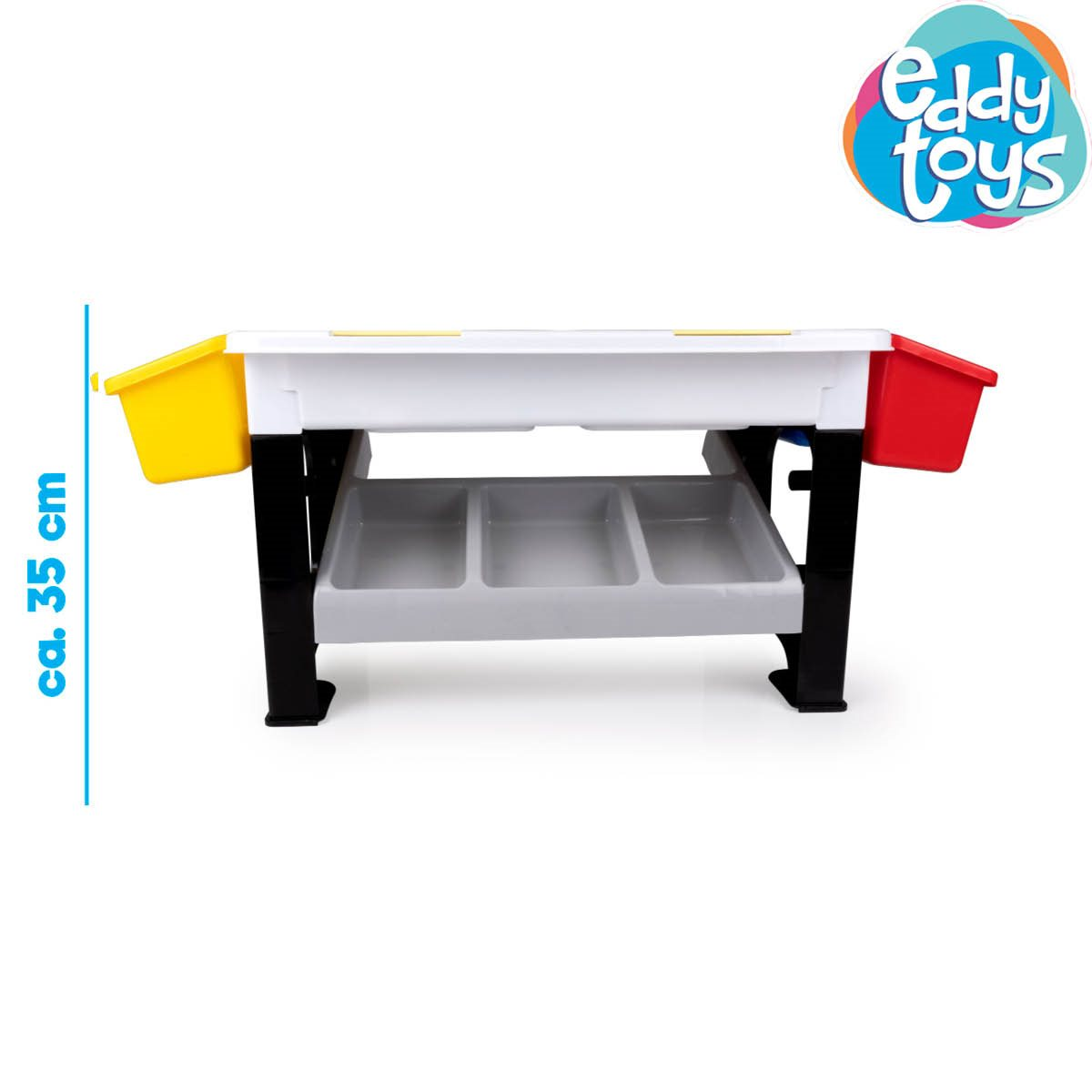 Table de jeu blanche avec pieds noirs et bacs rouges/jaunes.