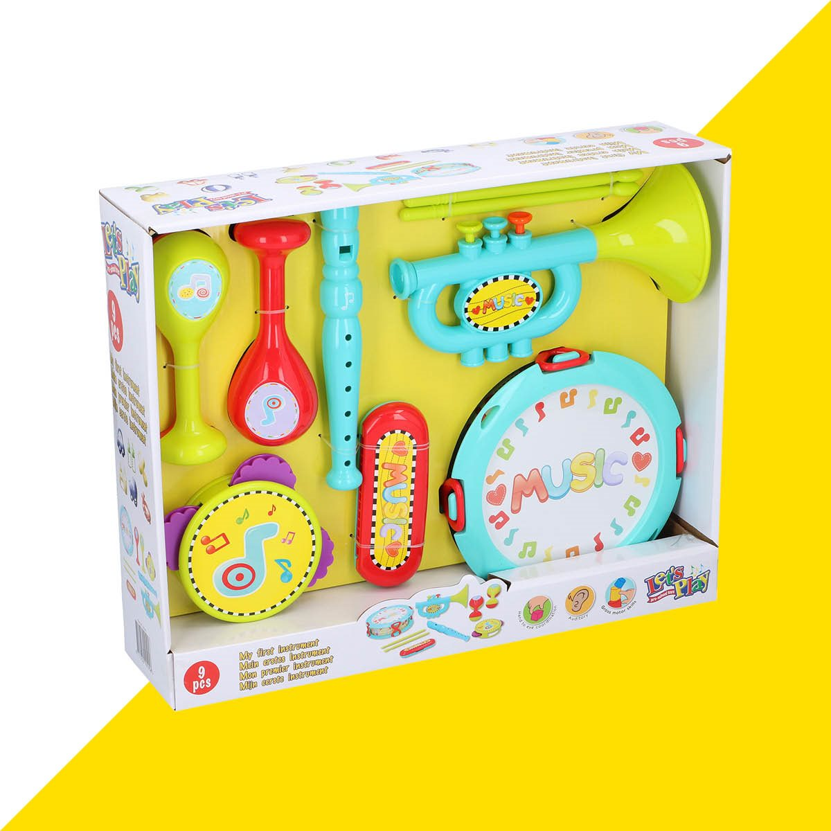 Un ensemble coloré d'instruments jouets comprenant une trompette, un tambour, une flûte.