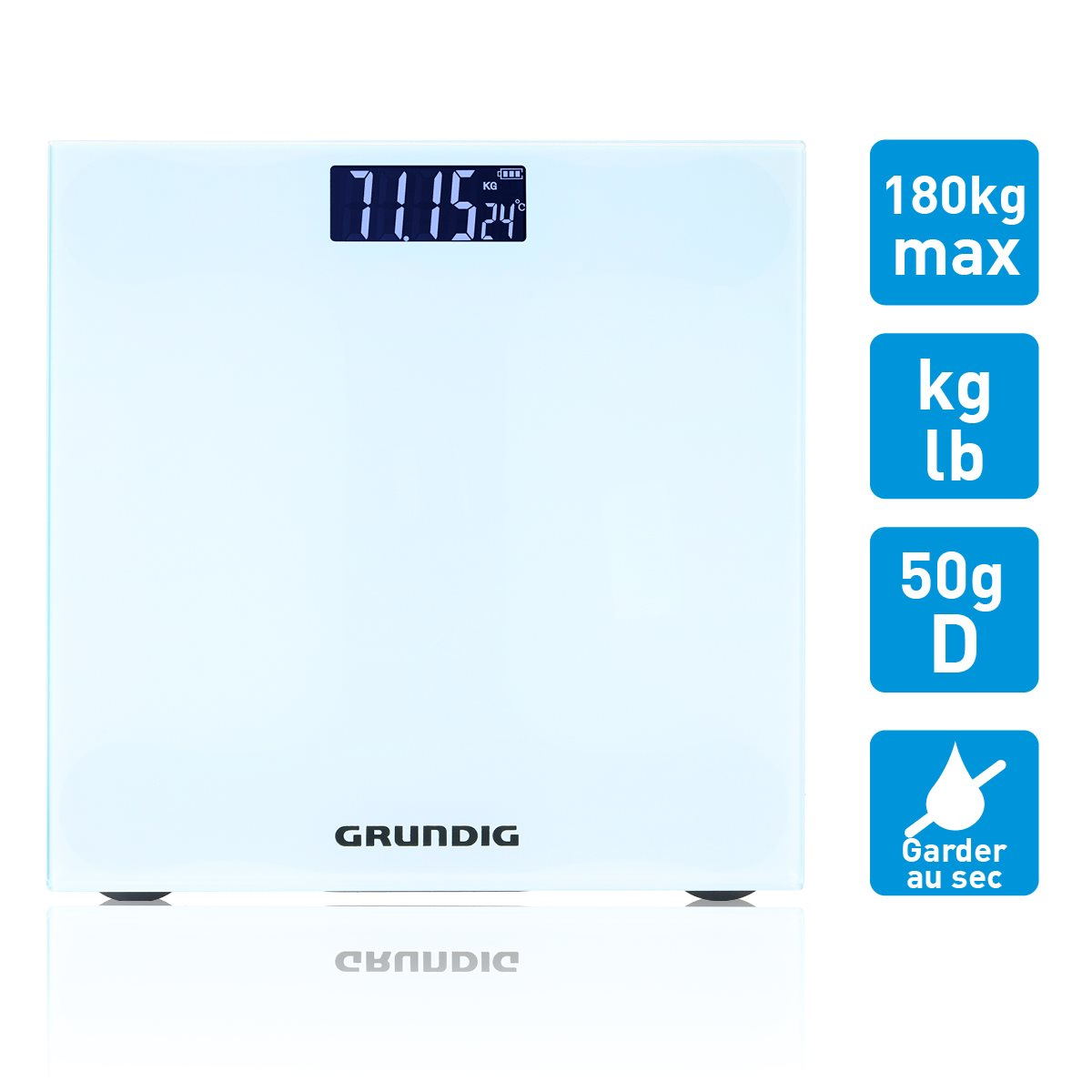 Weiße digitale Personenwaage mit Anzeige 71.15 kg und 24°C.