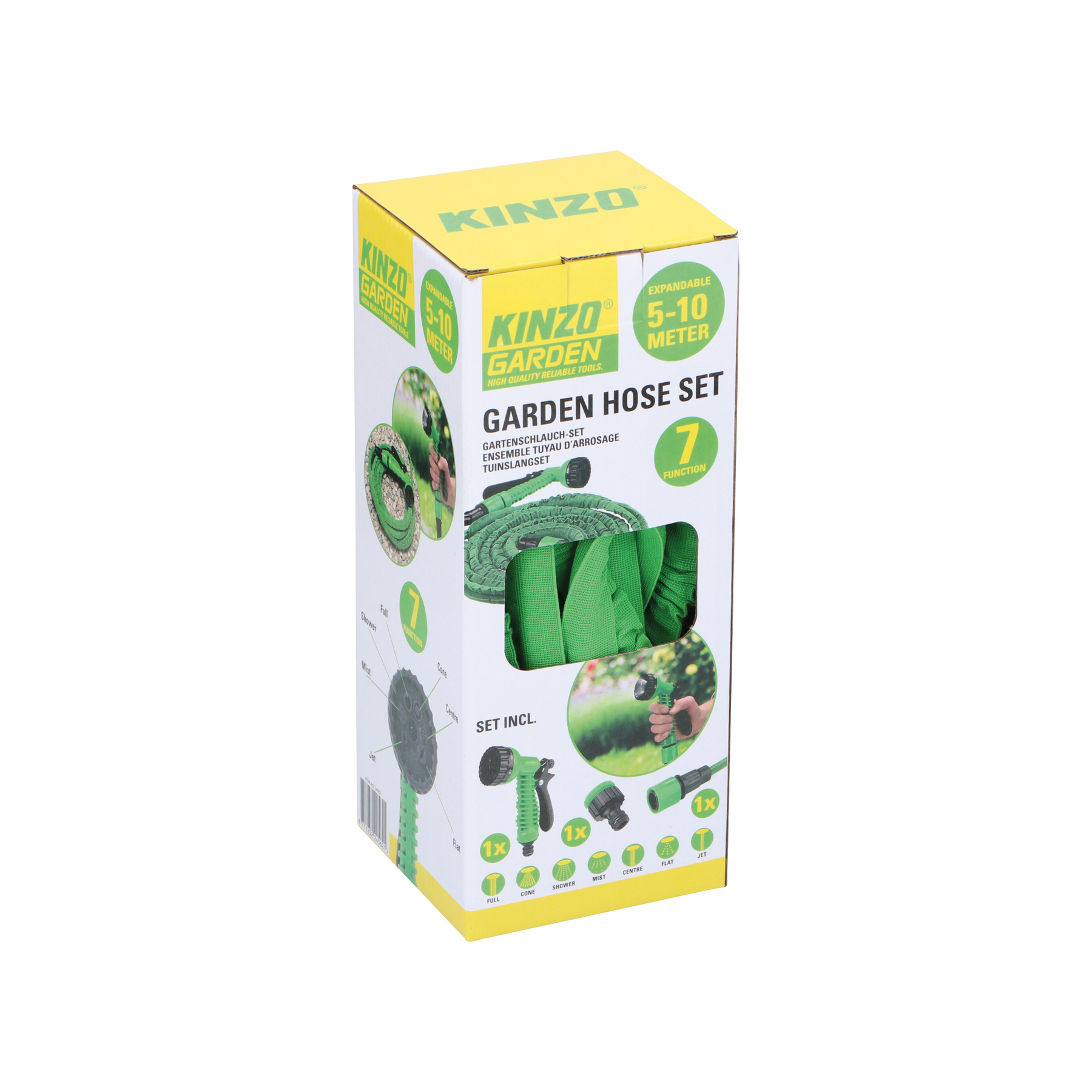 Box for a green garden hose with 7 functions and accessories.