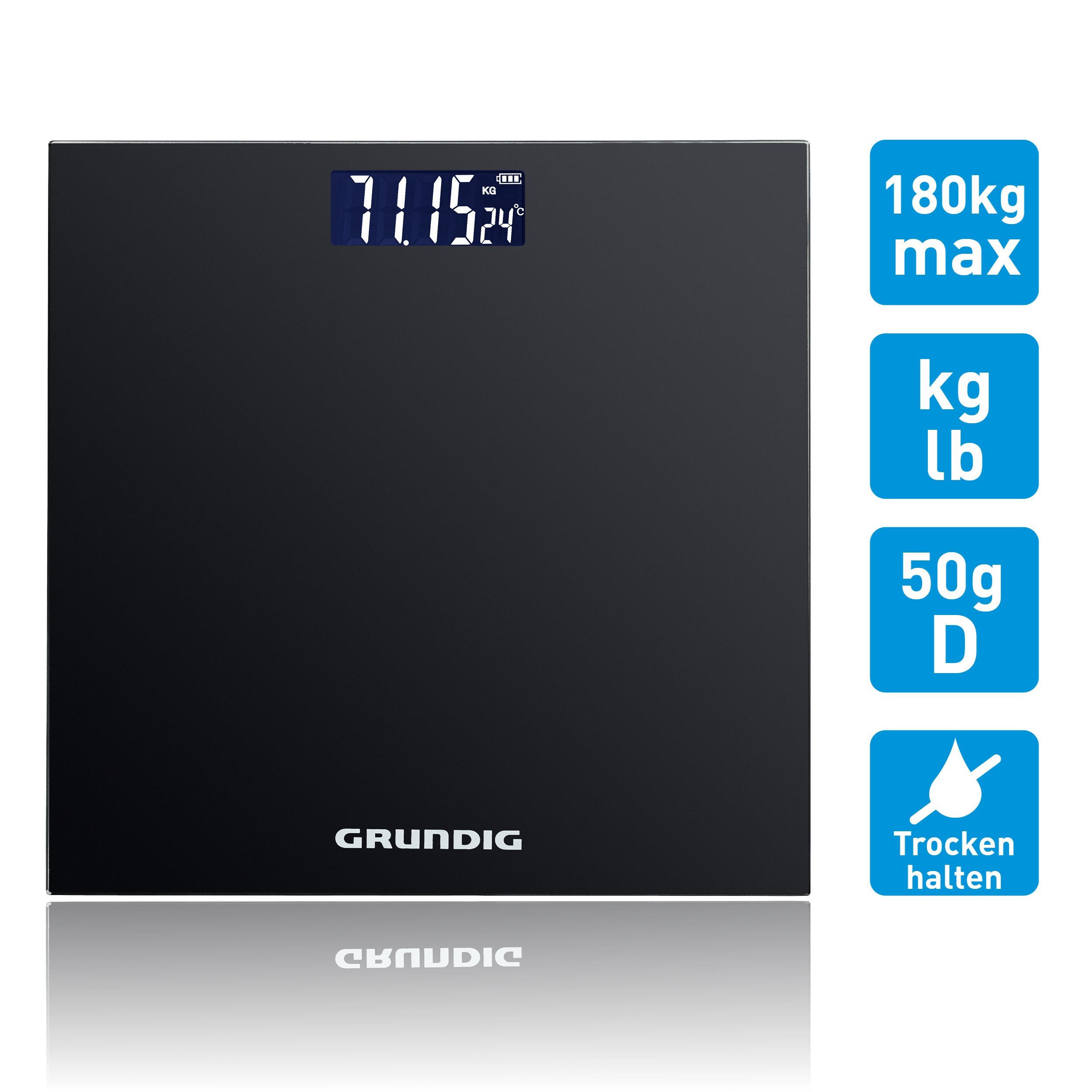 Schwarze Waage zeigt 71.15 kg und 24°C an. Max 180kg.
