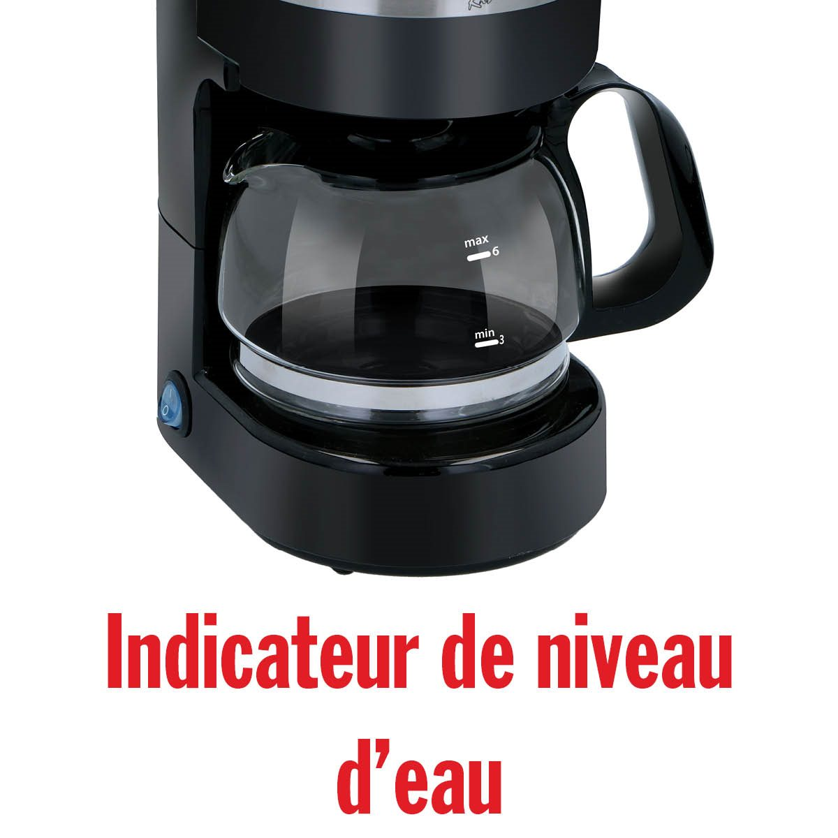 Zwarte koffiezetapparaat met glazen kan, waterniveau-indicator.