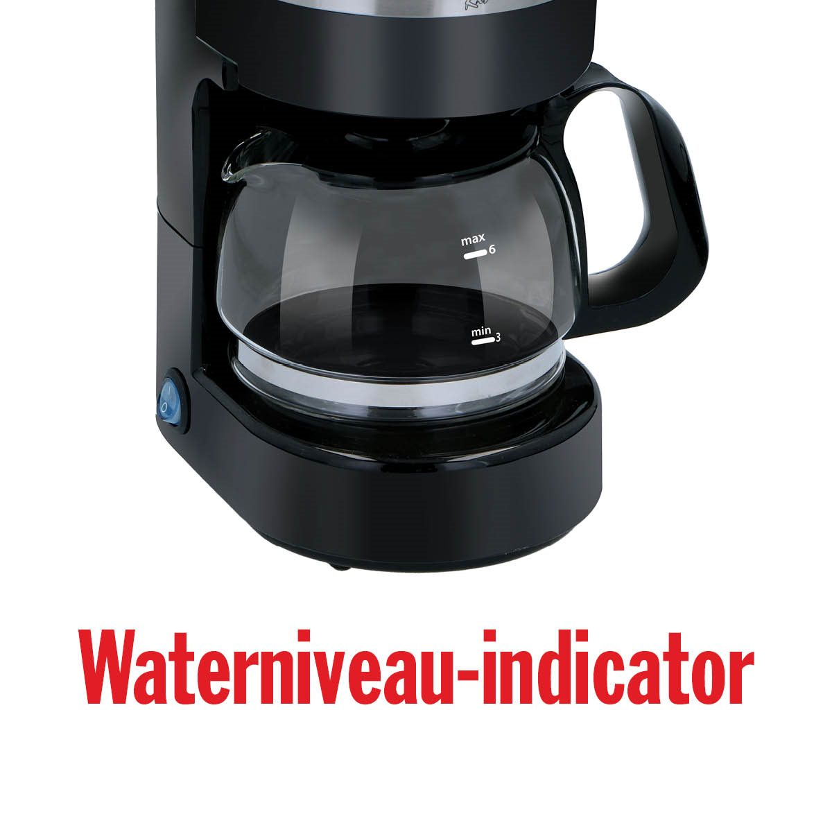 Een zwarte koffiemachine met een glazen kan die de waterniveau-indicator toont.