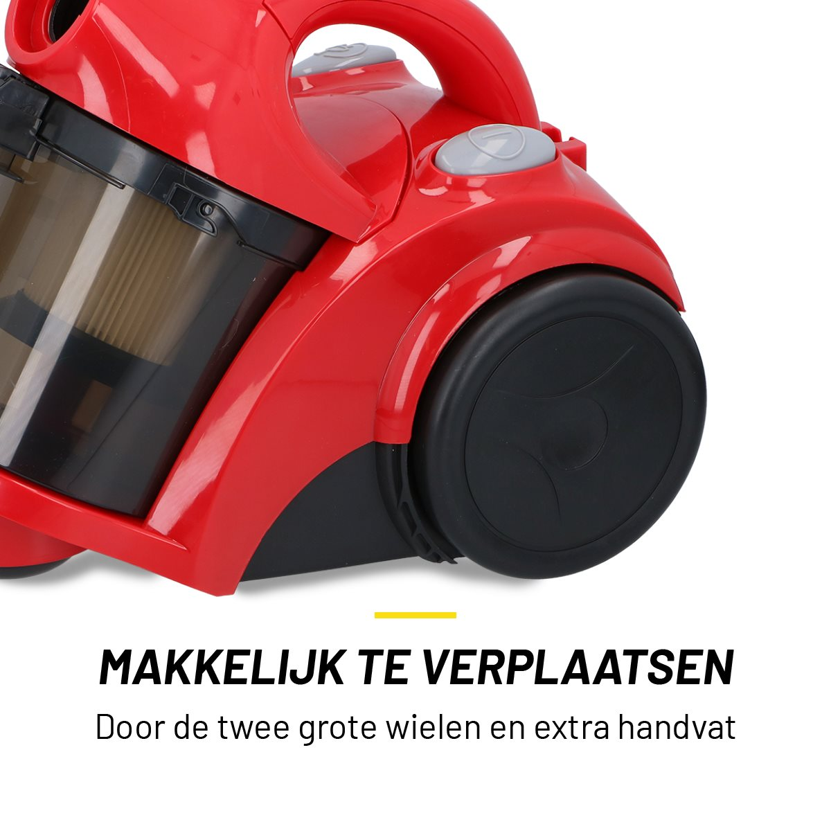 Ein roter Staubsauger mit schwarzem Rad und transparentem Behälter.