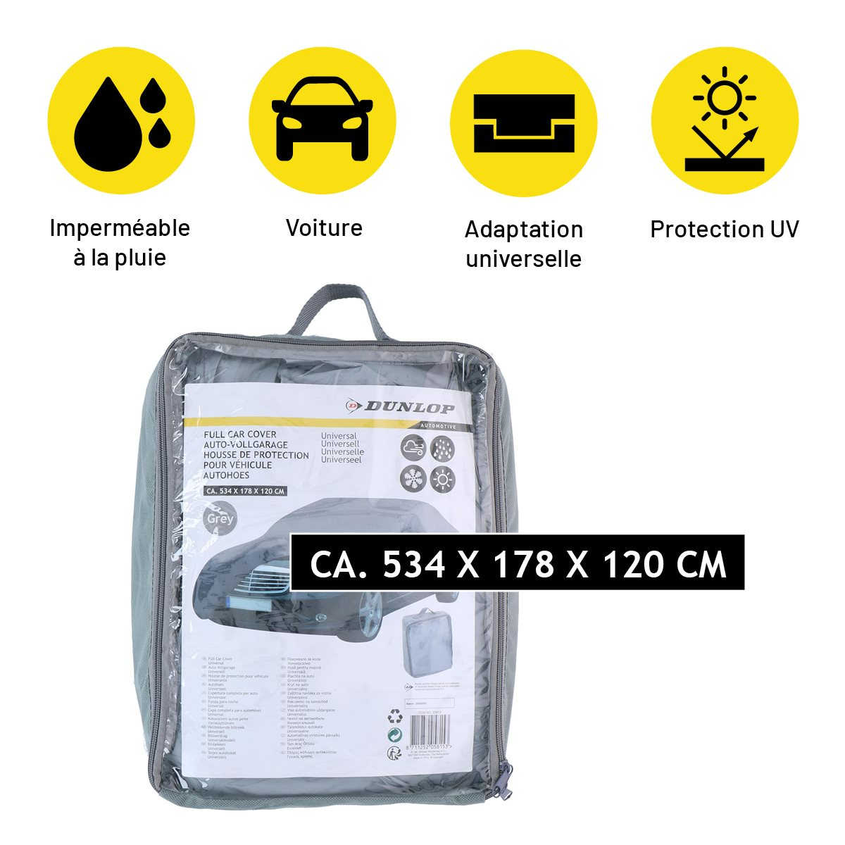 Grey Dunlop car cover in bag with icons for rain, car, fit, and UV protection.