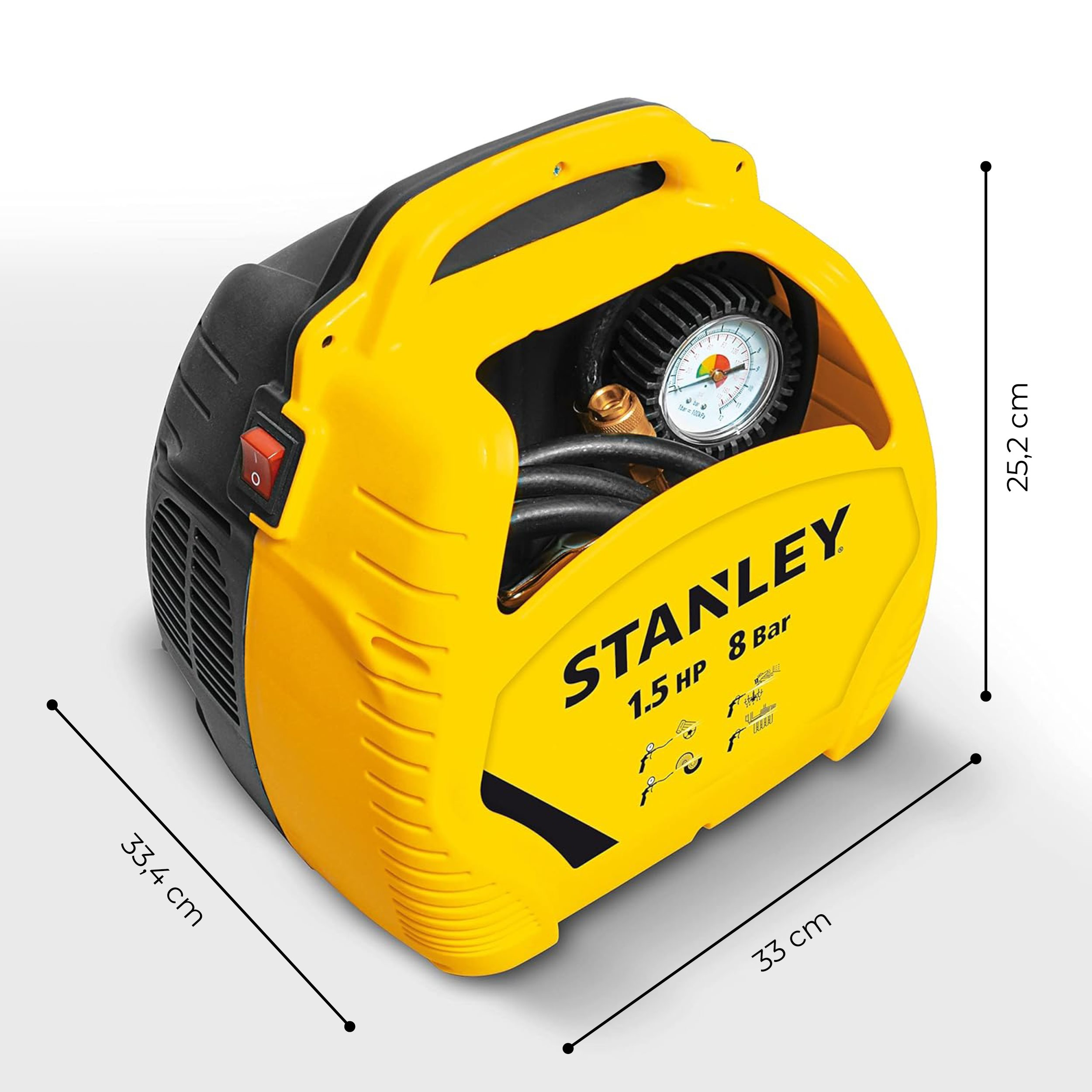 Compressore Stanley giallo con manometro, manico e interruttore rosso. Dimensioni indicate.