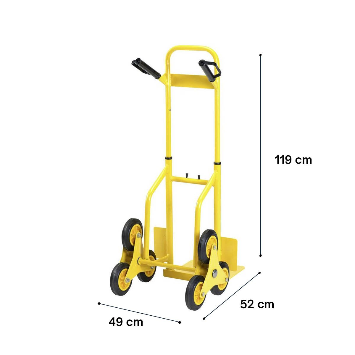 Carrello giallo con manici e ruote nere. Dimensioni: 119x52x49 cm.