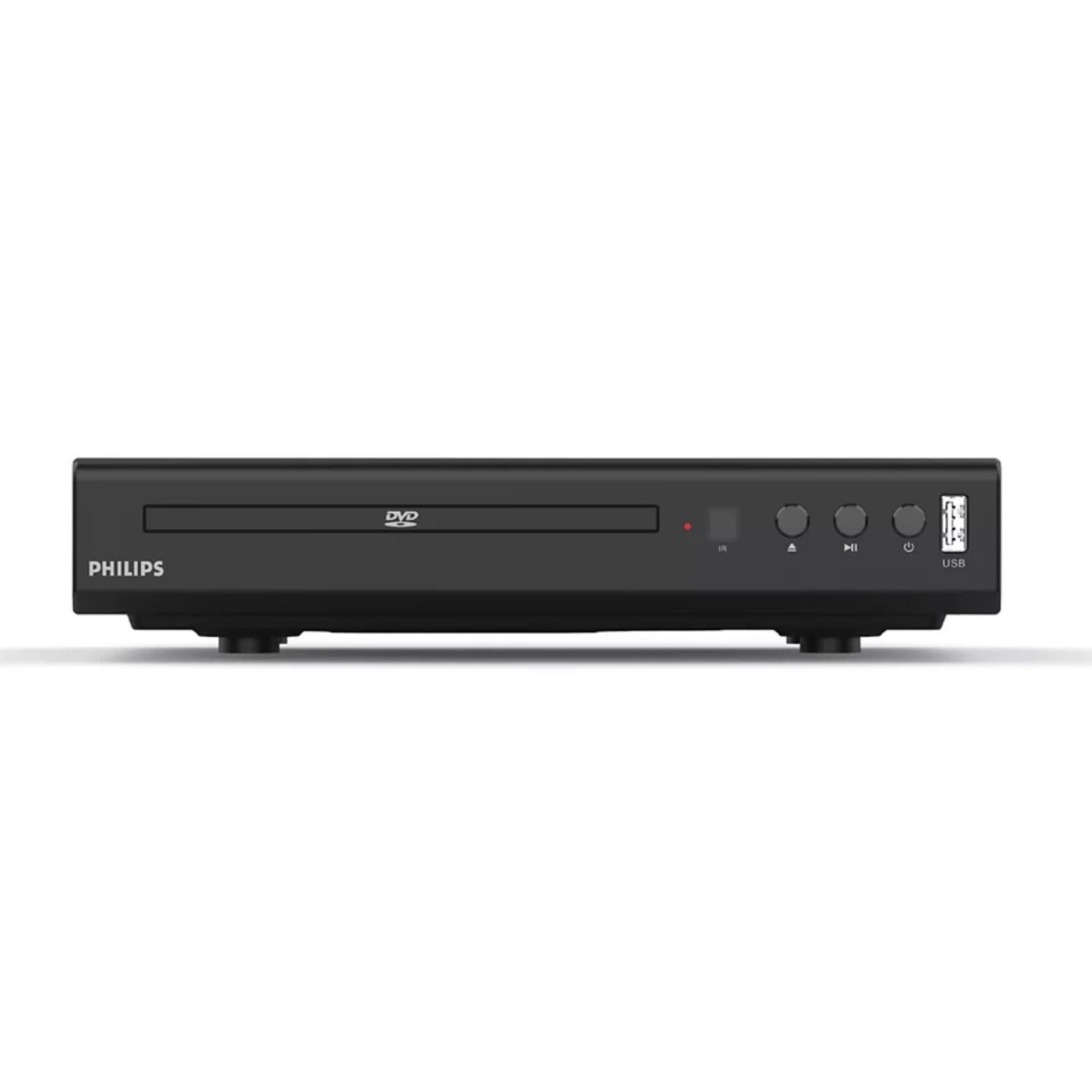 Reproductor DVD Philips negro con ranura para disco, botones y puerto USB.