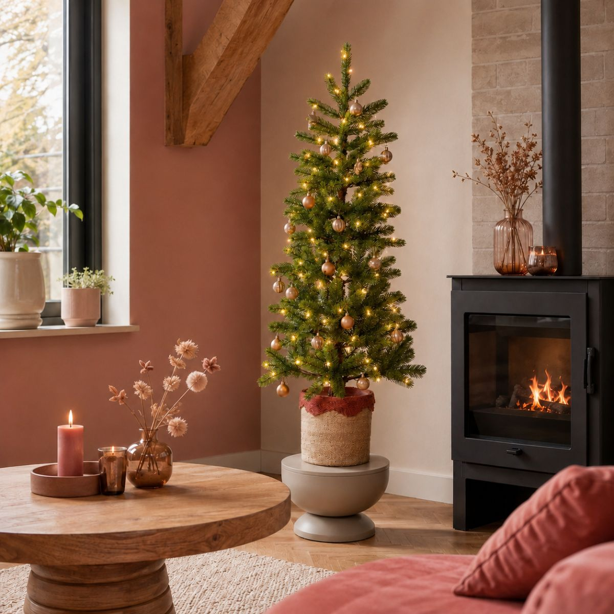 A Christmas tree with lights and ornaments stands next to a fireplace.