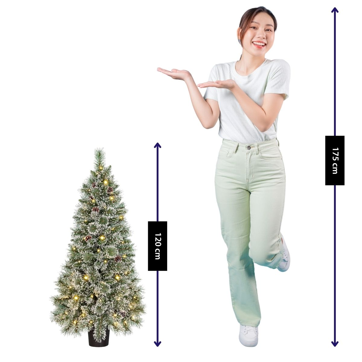 A woman stands next to a lit Christmas tree. The tree is 120cm tall, the woman is 175cm.