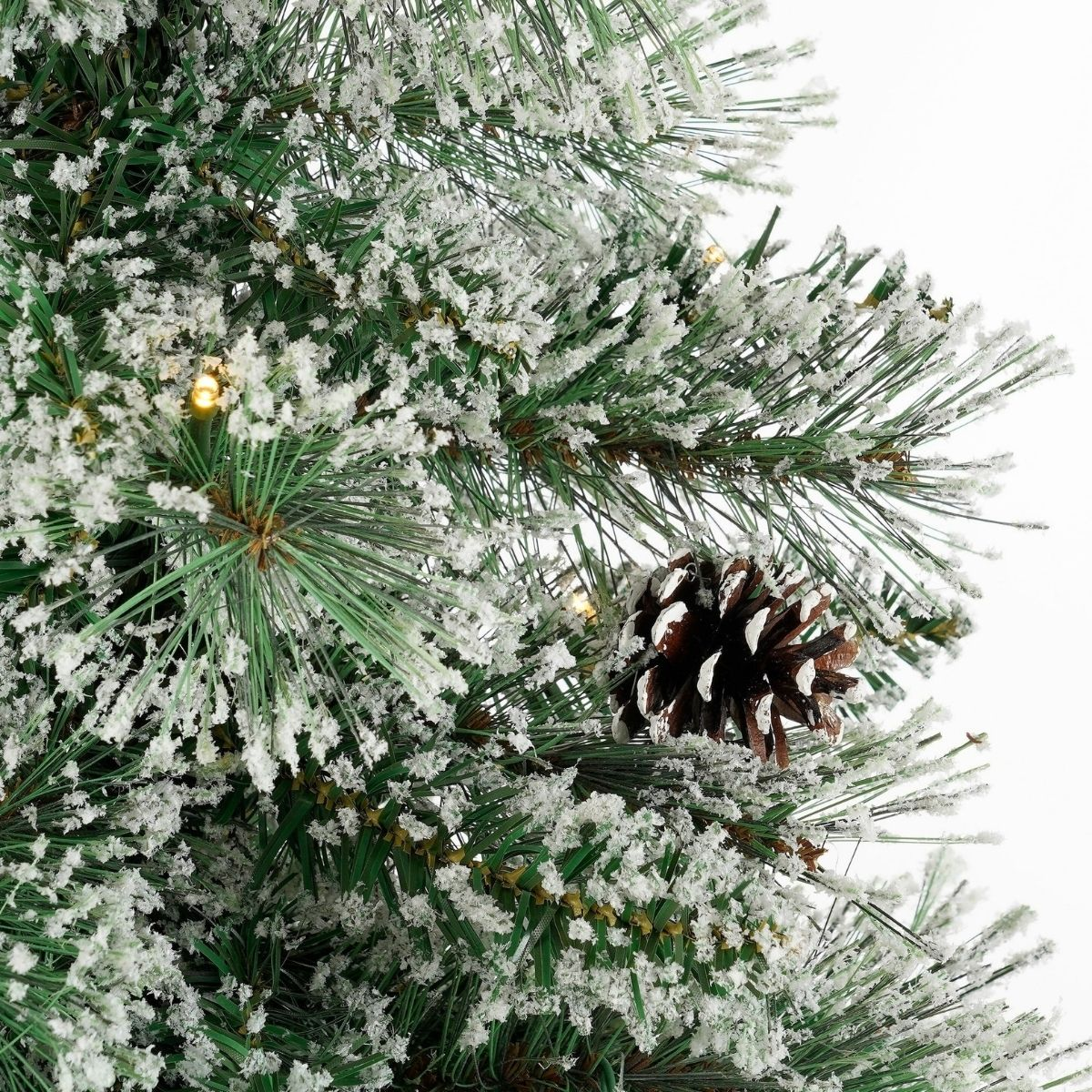 Close-up of a frosted pine branch with a pinecone and warm fairy lights.