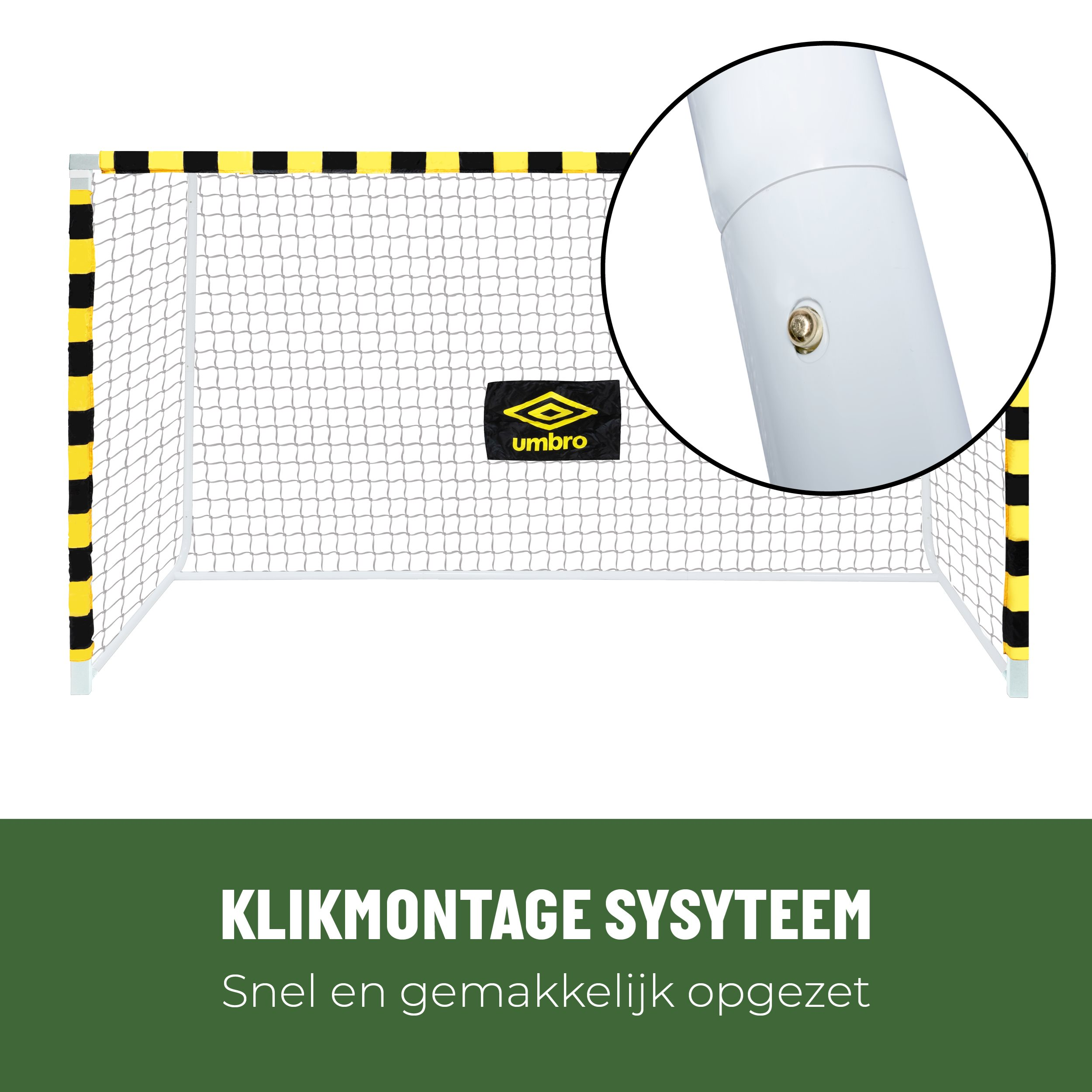 Ein Fußballtor mit Netz, gelb-schwarzen Streifen und einem Umbro-Logo.