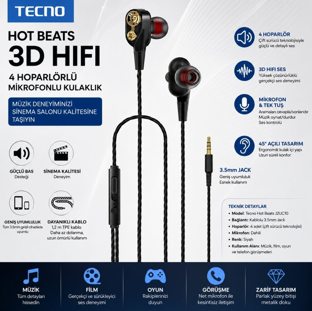 Tecno Hot Beats 3D Hifi kulaklık: 4 hoparlör, 3D Hifi ses, mikrofon, 45 derece tasarım, 3.5mm jak.