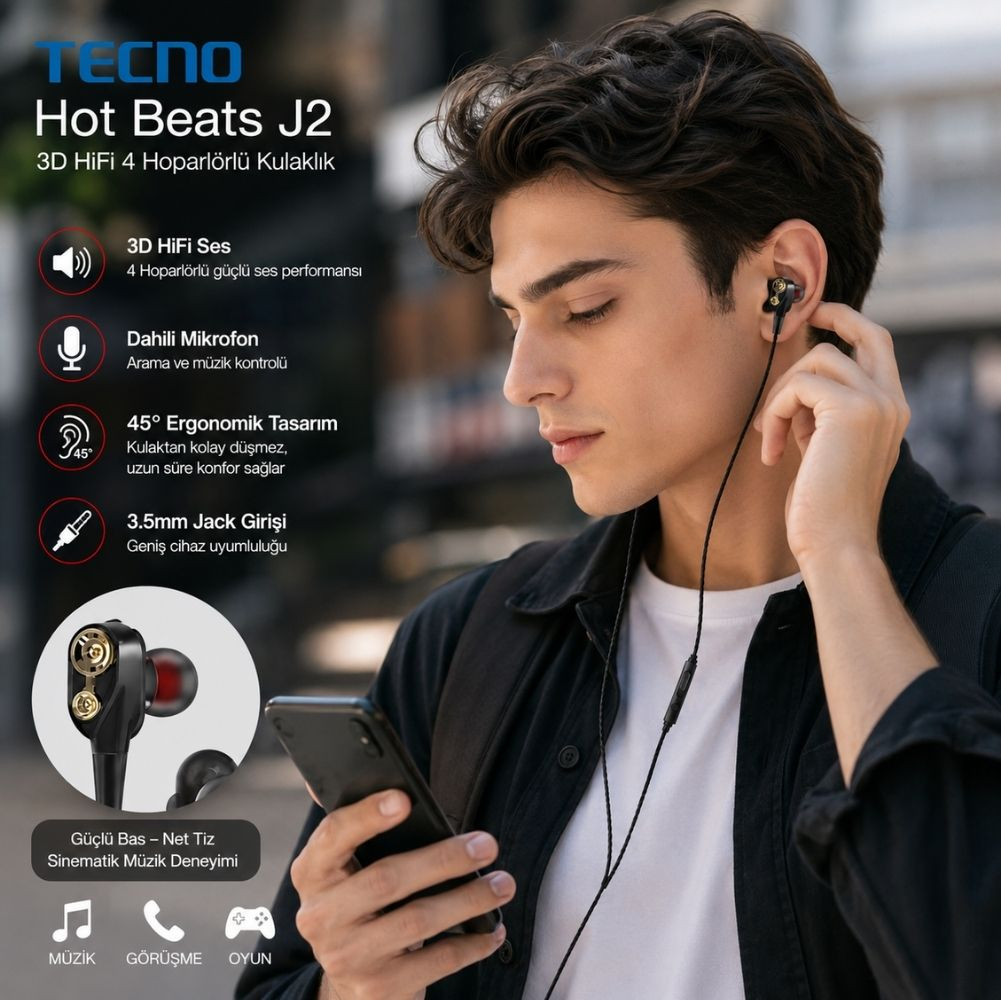 Kulaklıklı erkek akıllı telefon tutuyor, Tecno Hot Beats J2 reklamı.