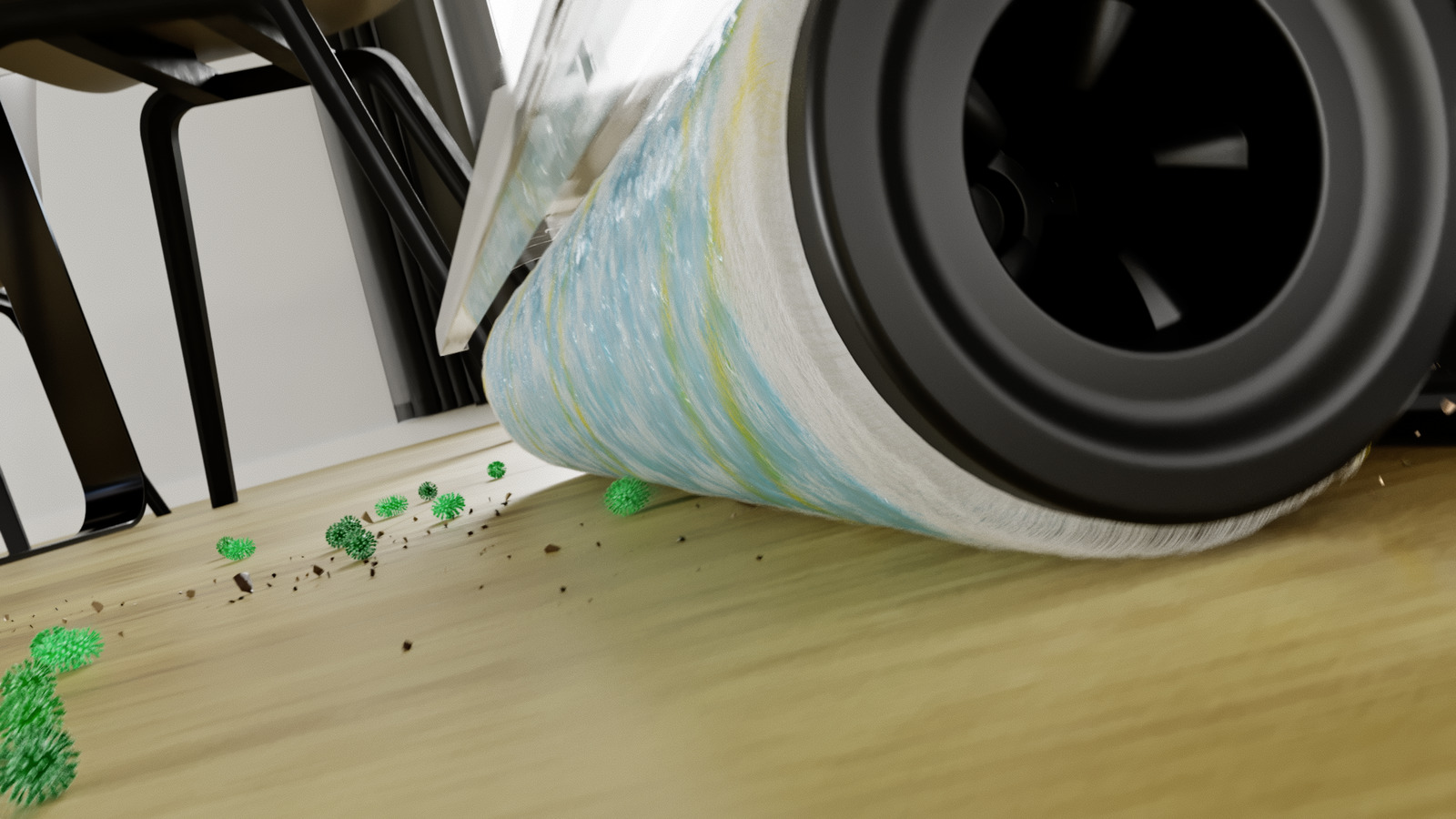 Una spazzola per aspirapolvere pulisce particelle virali verdi da un pavimento in legno.