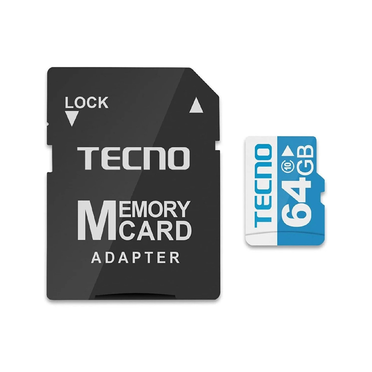 Siyah bir TECNO hafıza kartı adaptörü ve mavi bir TECNO 64 GB micro SD kart.