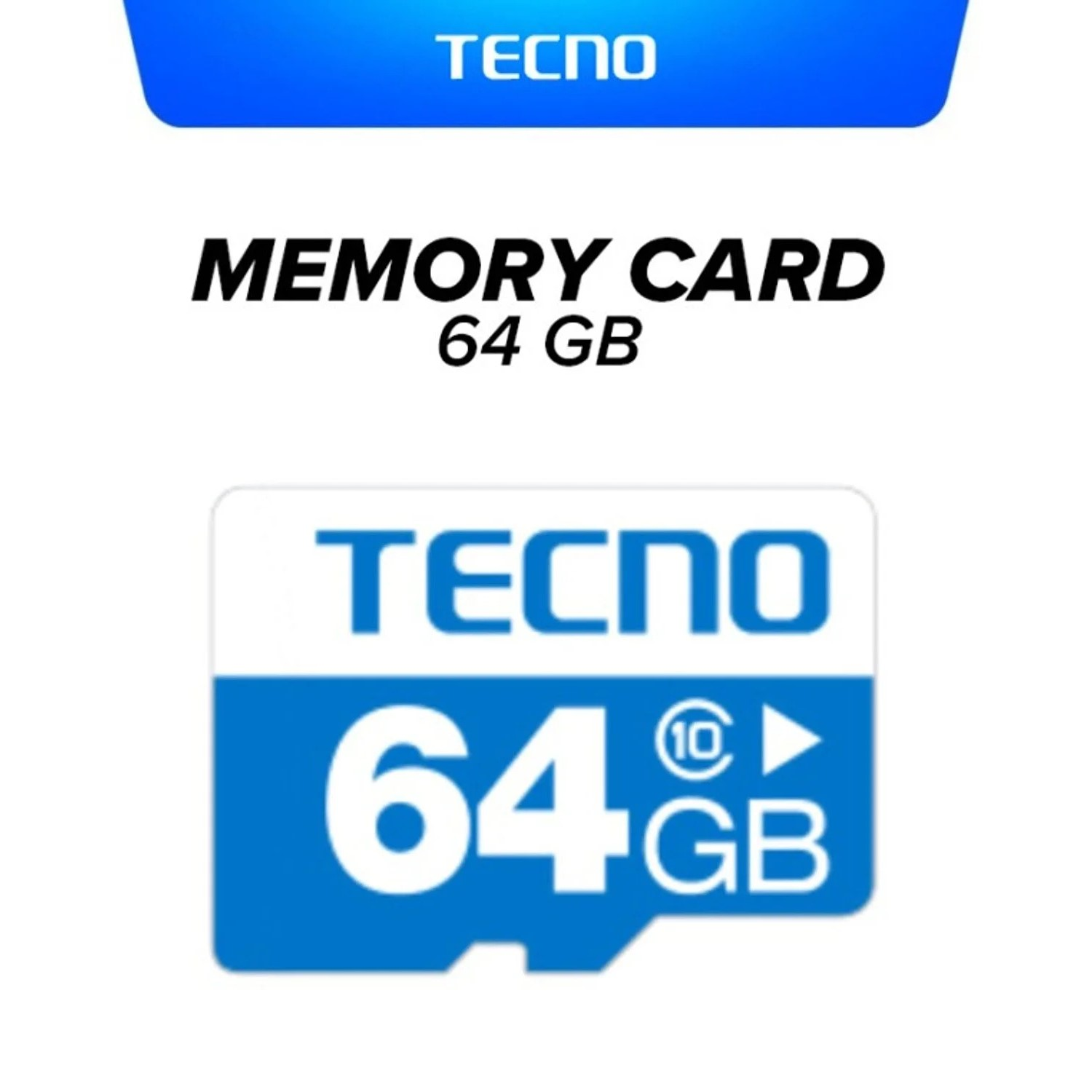 Mavi ve beyaz tasarımlı TECNO 64 GB hafıza kartı.