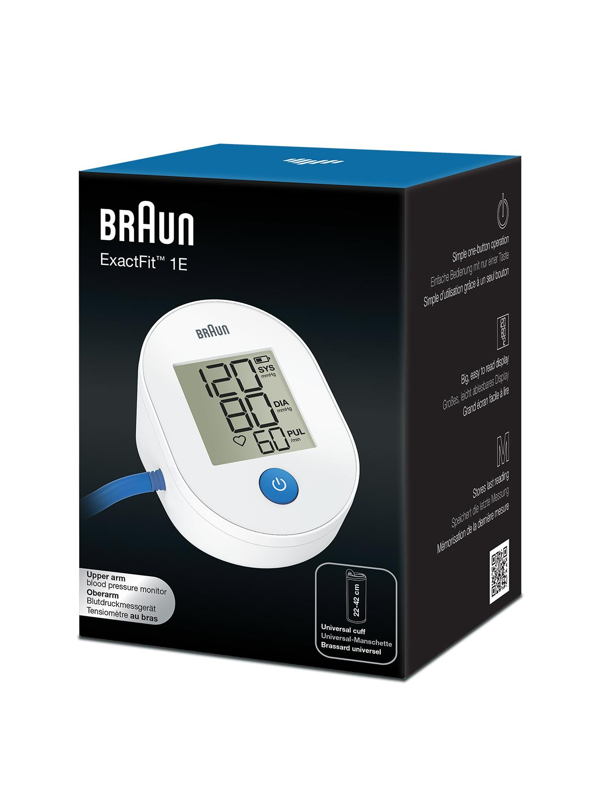 Braun üst kol tansiyon aleti, büyük ekranlı ve mavi manşetli.