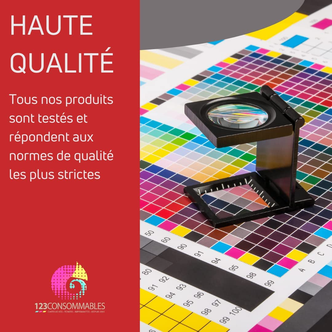 Lente d'ingrandimento su un grafico di calibrazione del colore con testo 'HAUTE QUALITÉ' e logo.